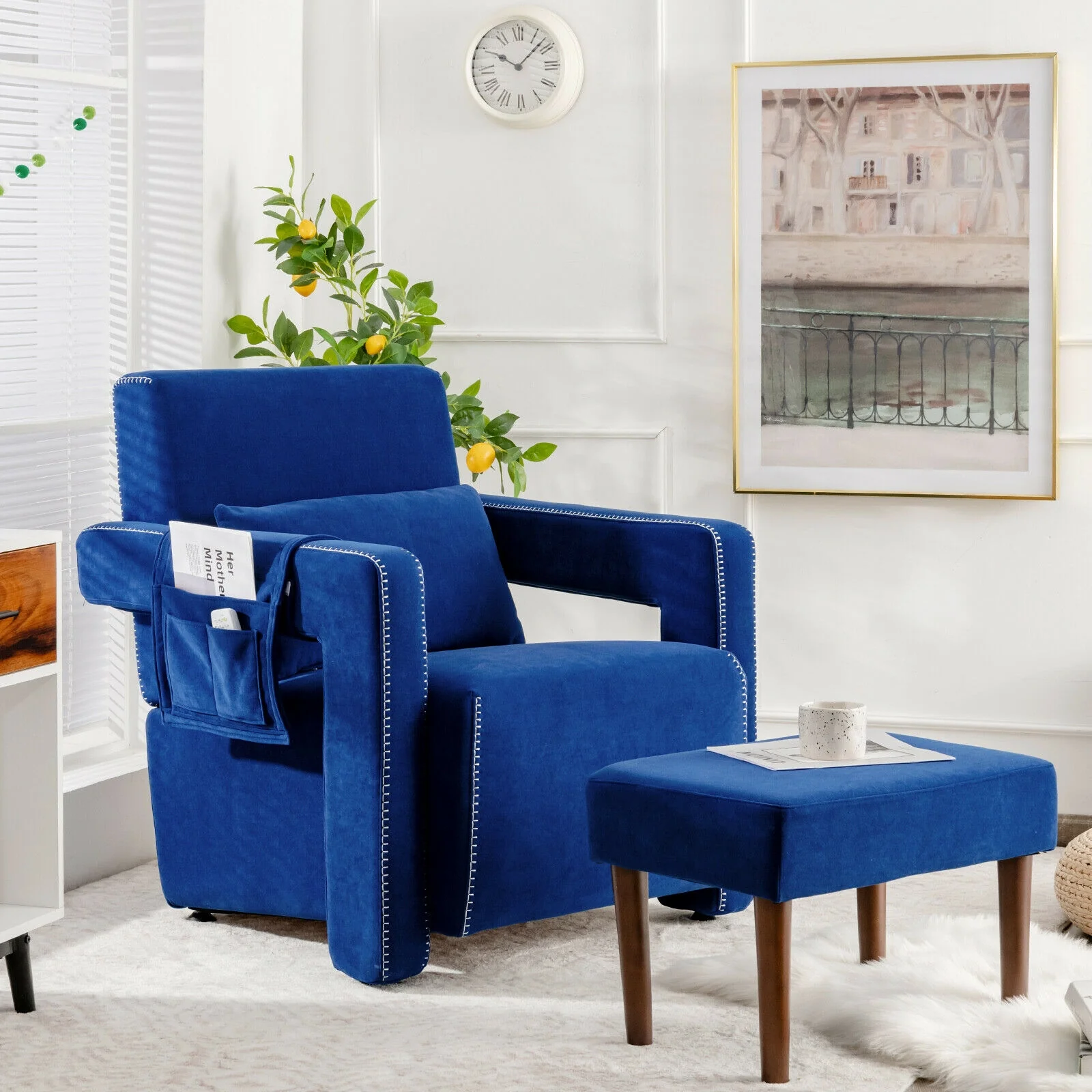 Modern Berber Fleece Single Sofa Chair, Ottoman, Waist Pillow, Blue - Image 2