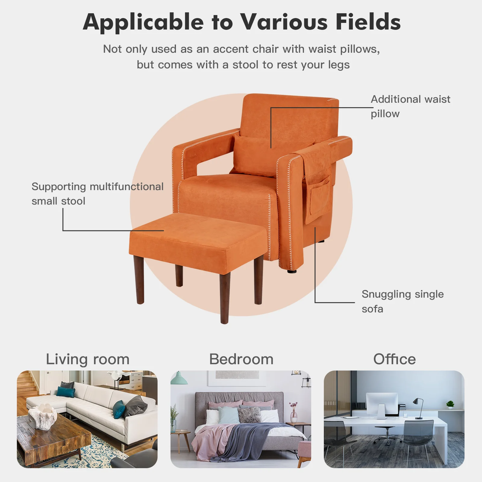 Modern Berber Fleece Single Sofa Chair, Ottoman, Waist Pillow, Orange - Image 10