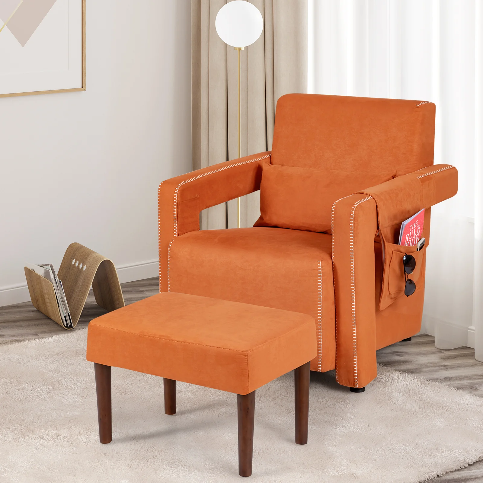 Modern Berber Fleece Single Sofa Chair, Ottoman, Waist Pillow, Orange - Image 2