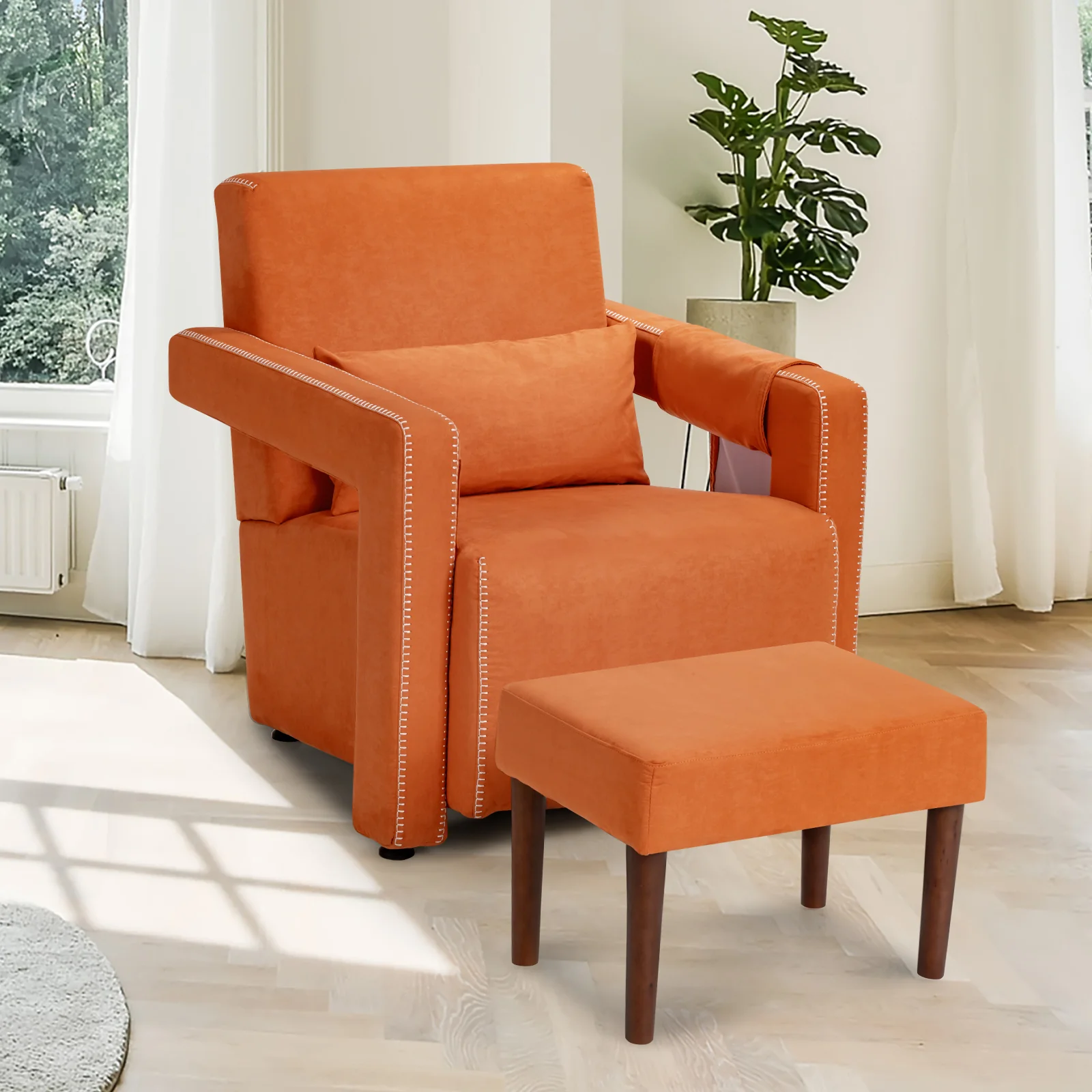 Modern Berber Fleece Single Sofa Chair, Ottoman, Waist Pillow, Orange - Image 3