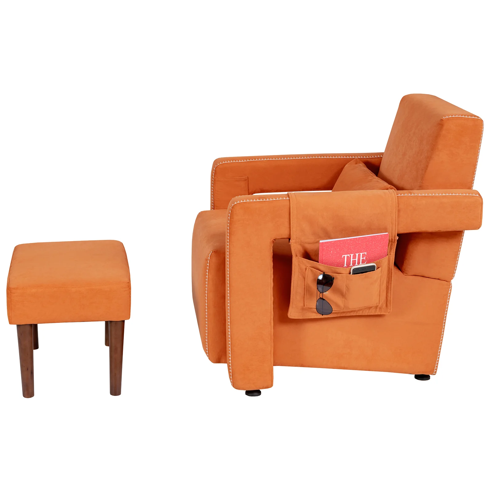 Modern Berber Fleece Single Sofa Chair, Ottoman, Waist Pillow, Orange - Image 5