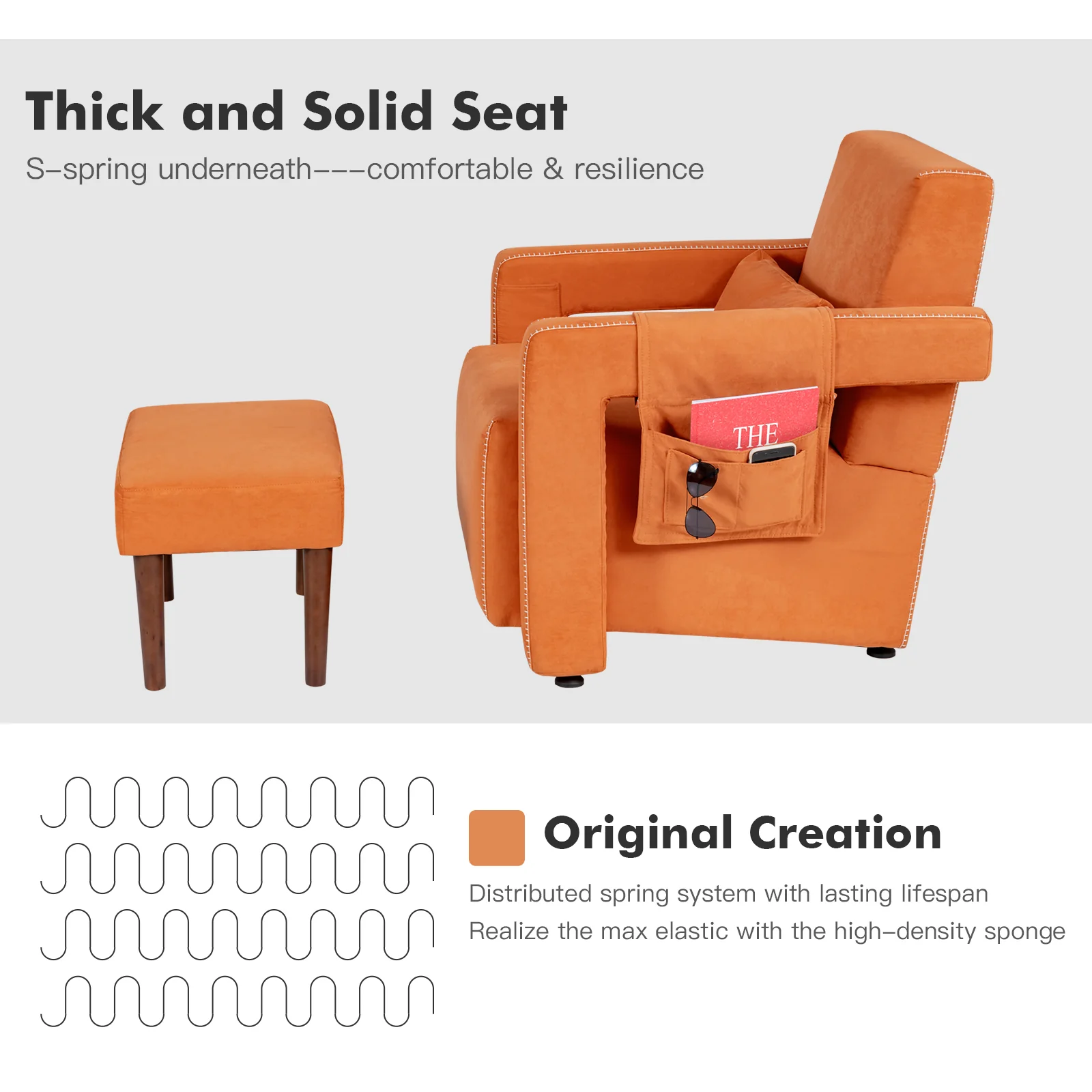 Modern Berber Fleece Single Sofa Chair, Ottoman, Waist Pillow, Orange - Image 7