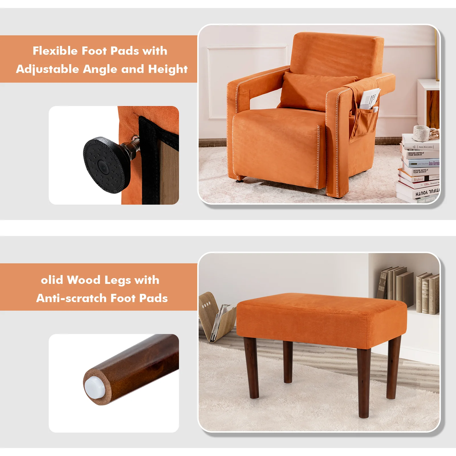 Modern Berber Fleece Single Sofa Chair, Ottoman, Waist Pillow, Orange - Image 8
