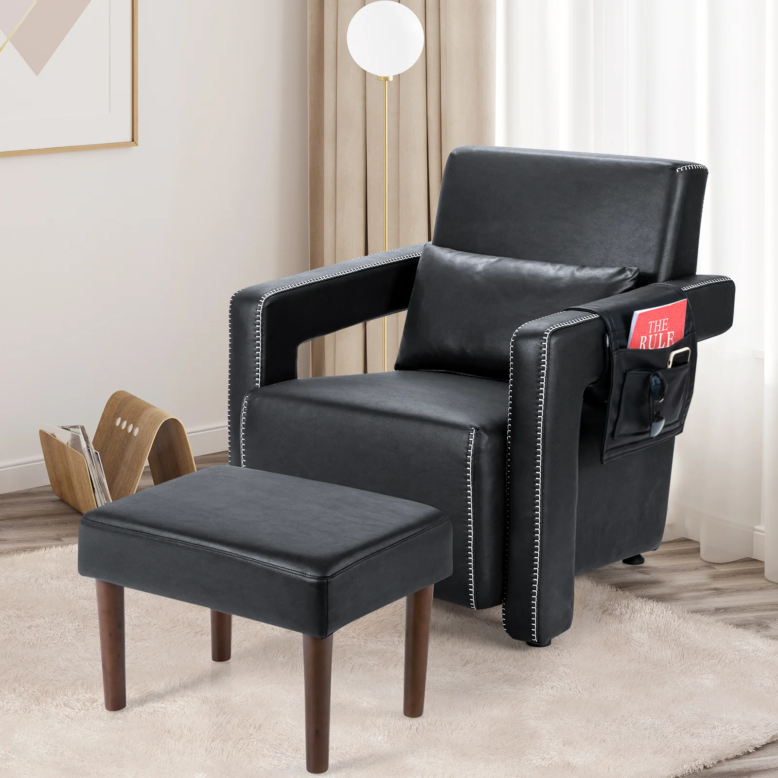 Modern Berber Fleece Sofa Chair With Ottoman, Black - Image 2