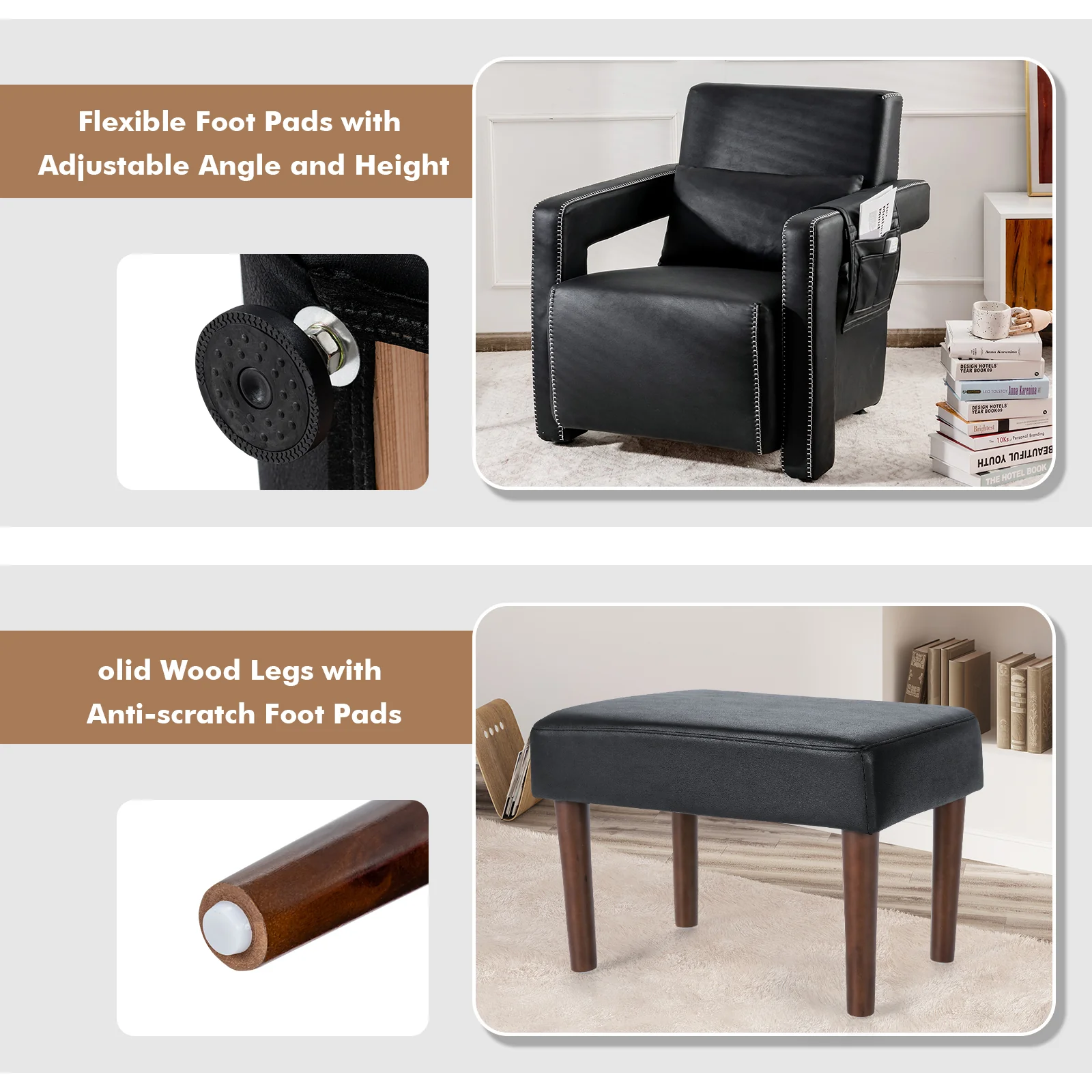 Modern Berber Fleece Sofa Chair With Ottoman, Black - Image 7