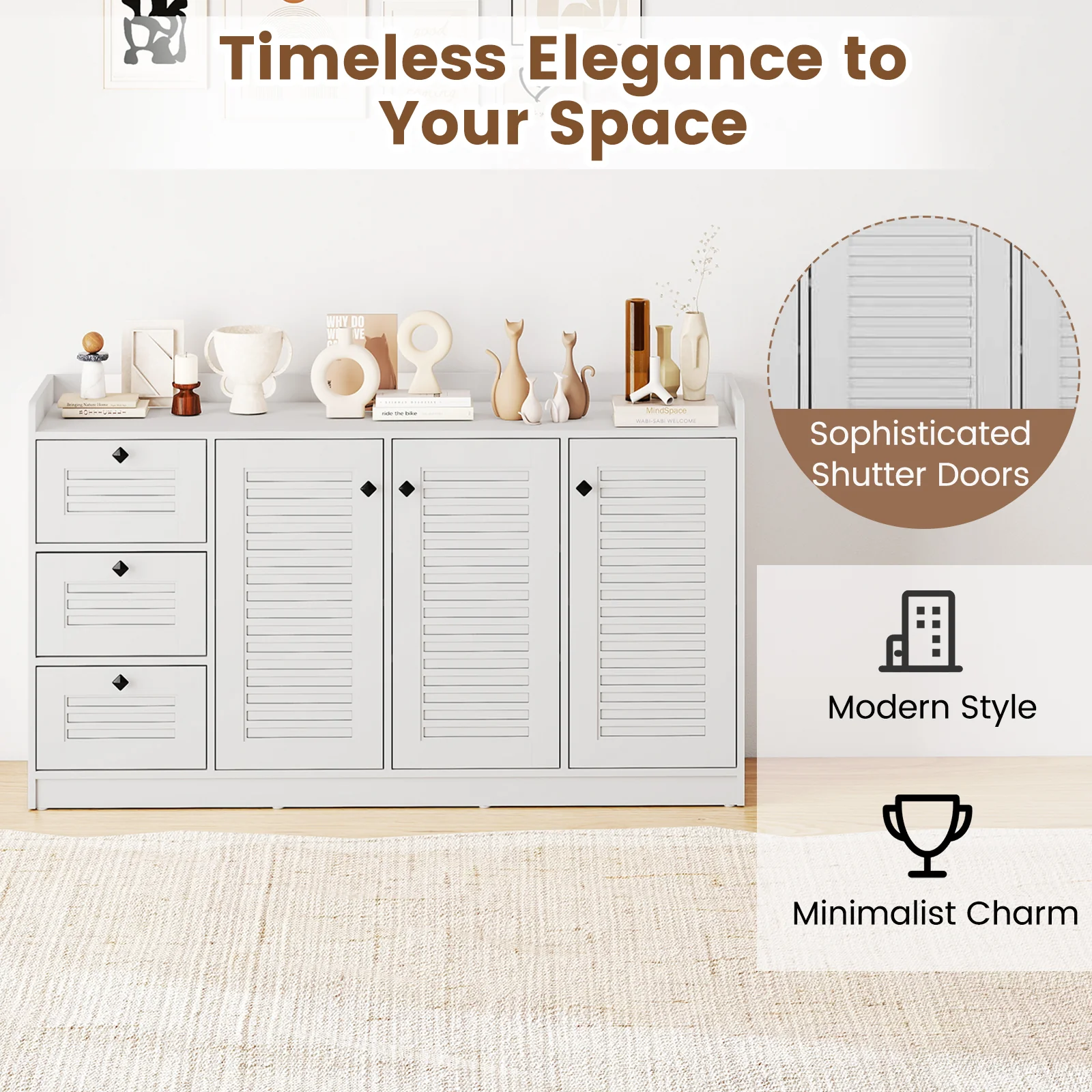 Modern Buffet Cabinet, 3 Doors, Storage Sideboard, White - Image 10