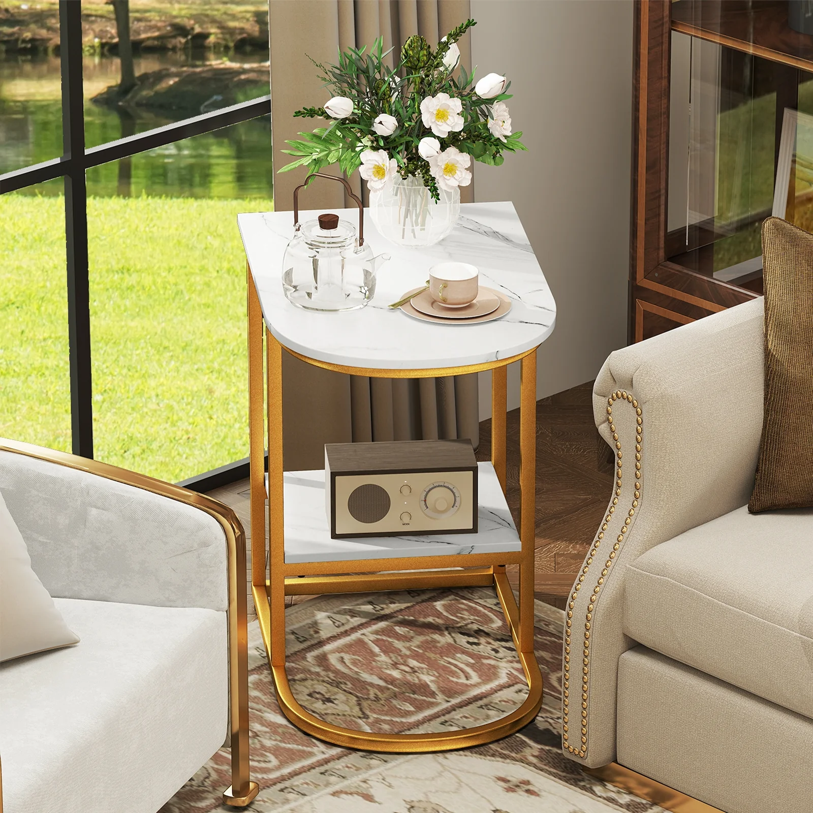 Modern C-Shaped Sofa Side Table, Faux Marble Tabletop With Storage Shelf, White - Image 10