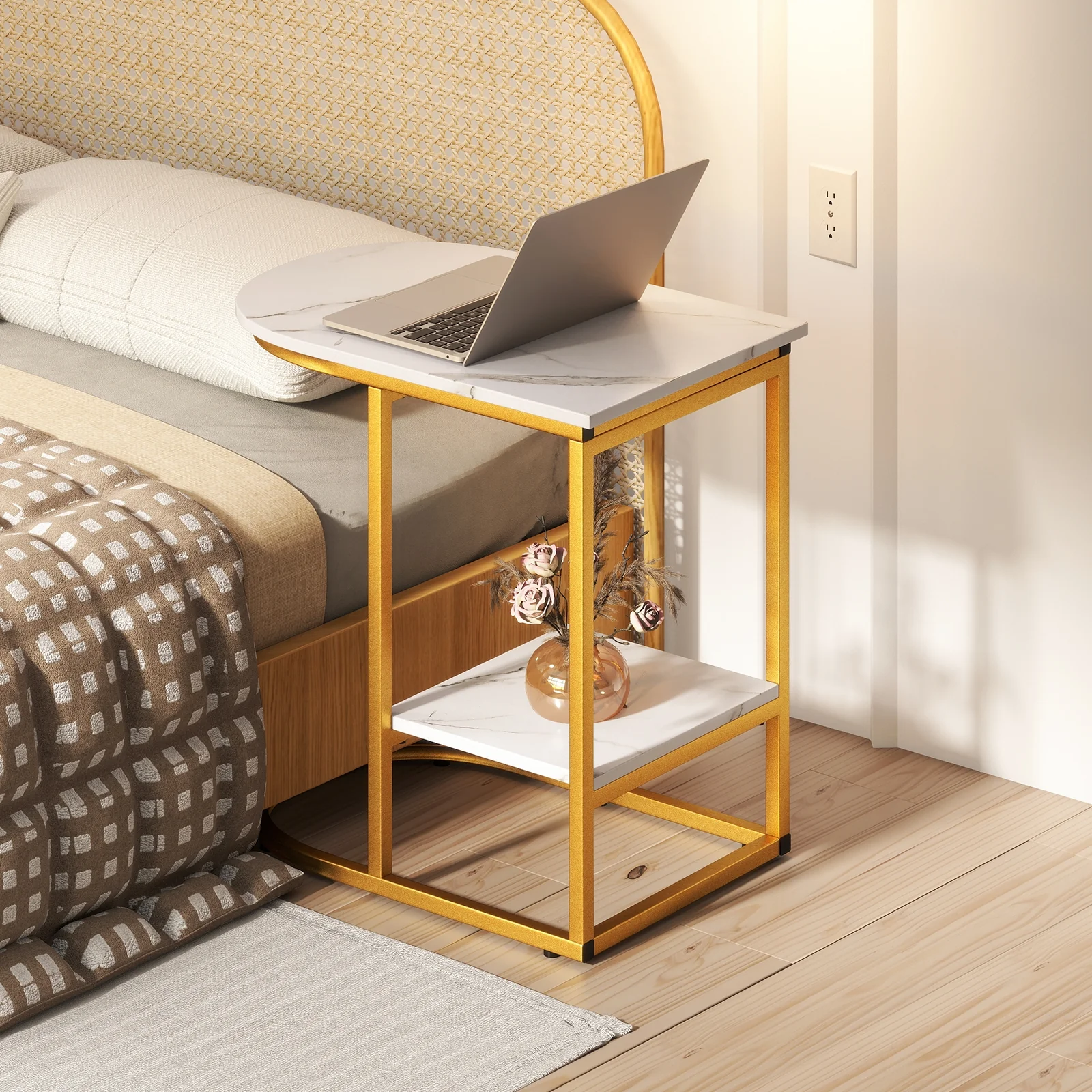 Modern C-Shaped Sofa Side Table, Faux Marble Tabletop With Storage Shelf, White - Image 3