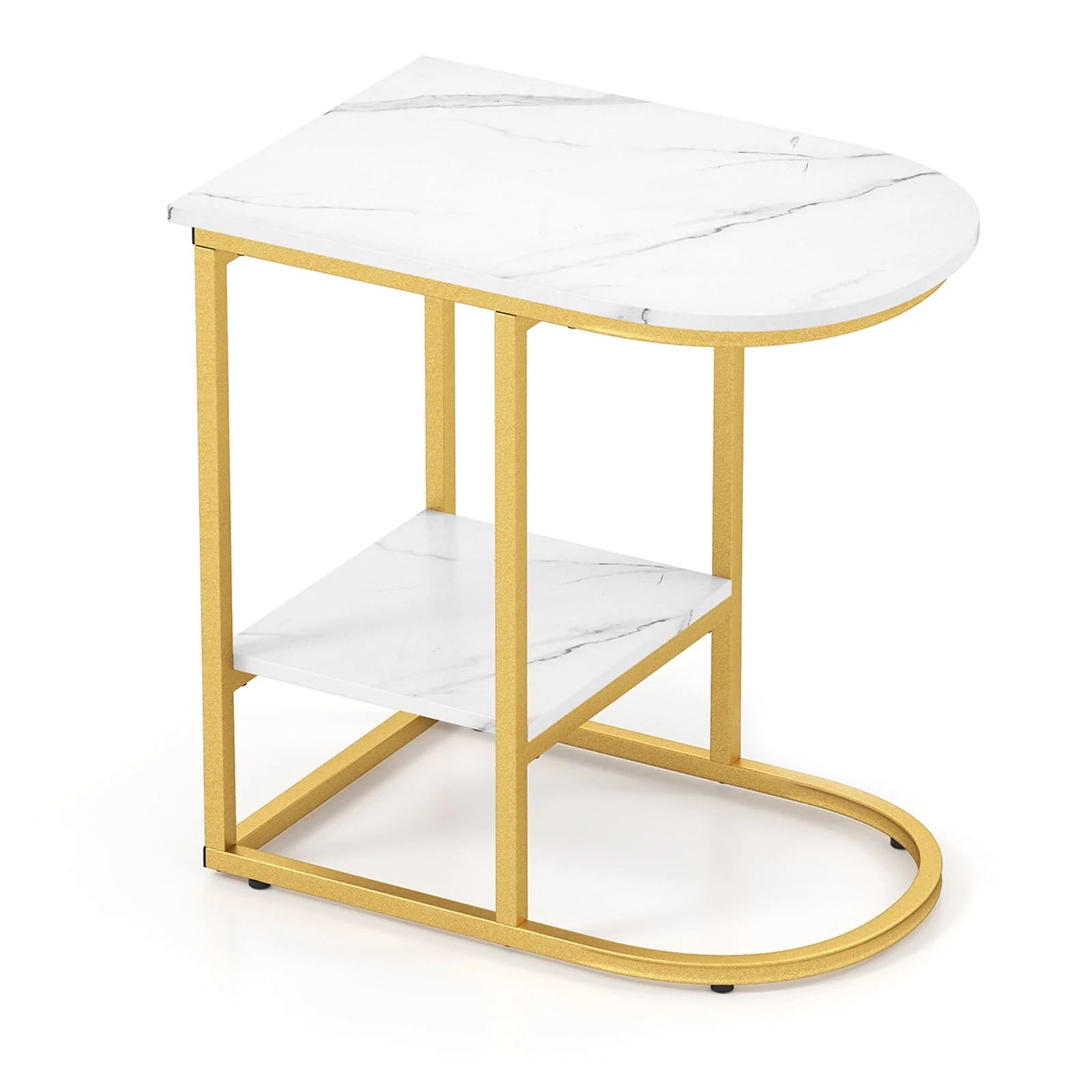 Modern C-Shaped Sofa Side Table, Faux Marble Tabletop With Storage Shelf, White - Image 4