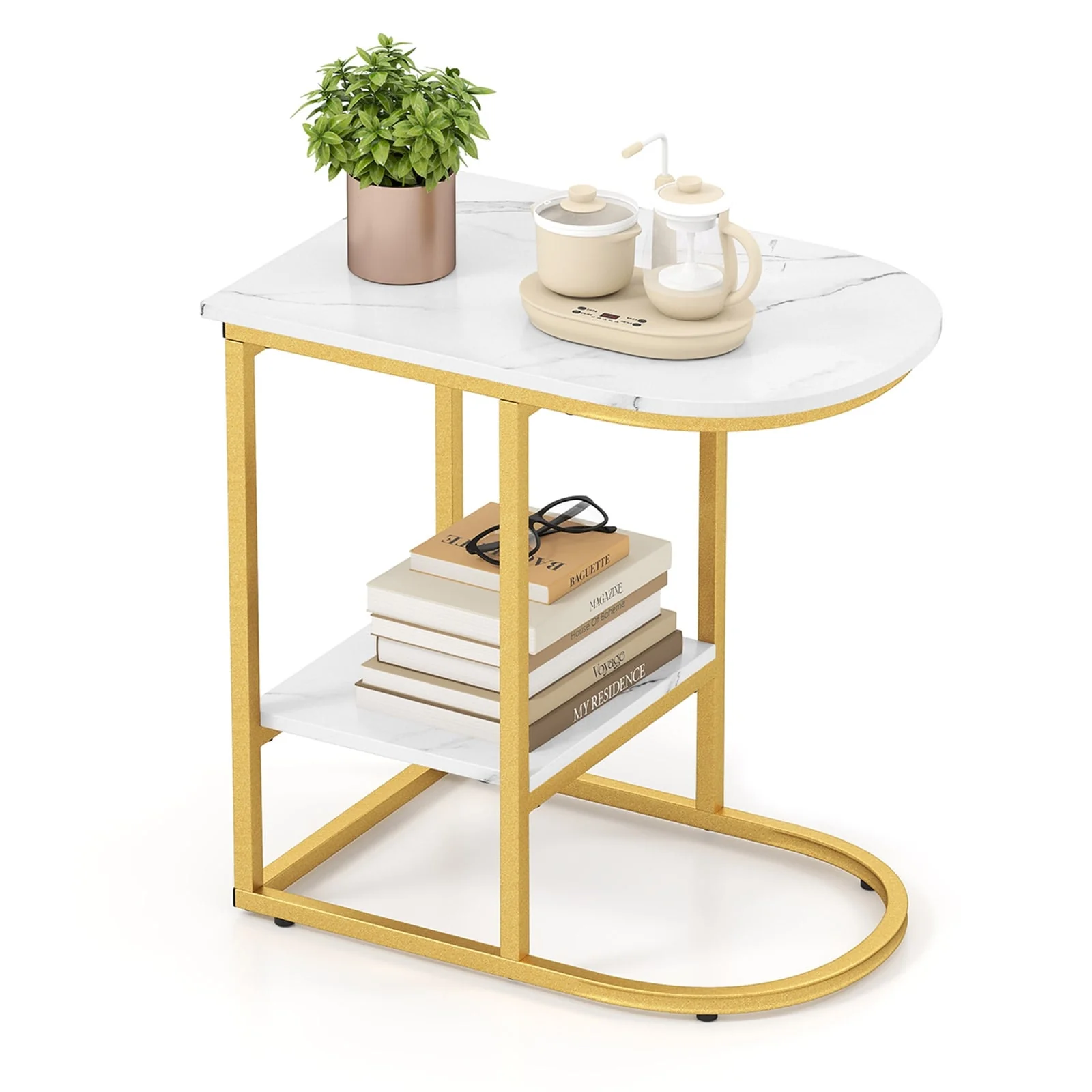 Modern C-Shaped Sofa Side Table, Faux Marble Tabletop With Storage Shelf, White - Image 5