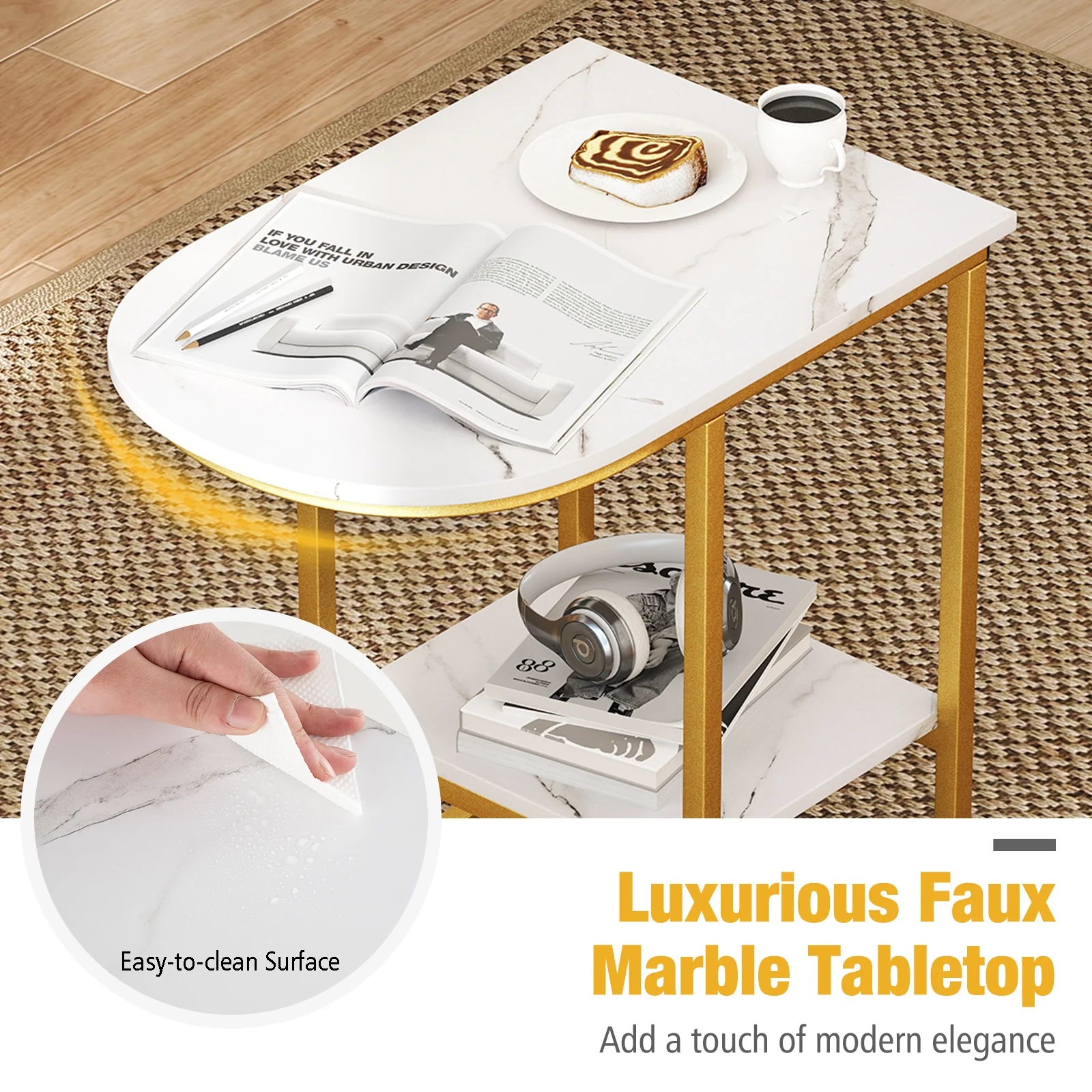 Modern C-Shaped Sofa Side Table, Faux Marble Tabletop With Storage Shelf, White - Image 7