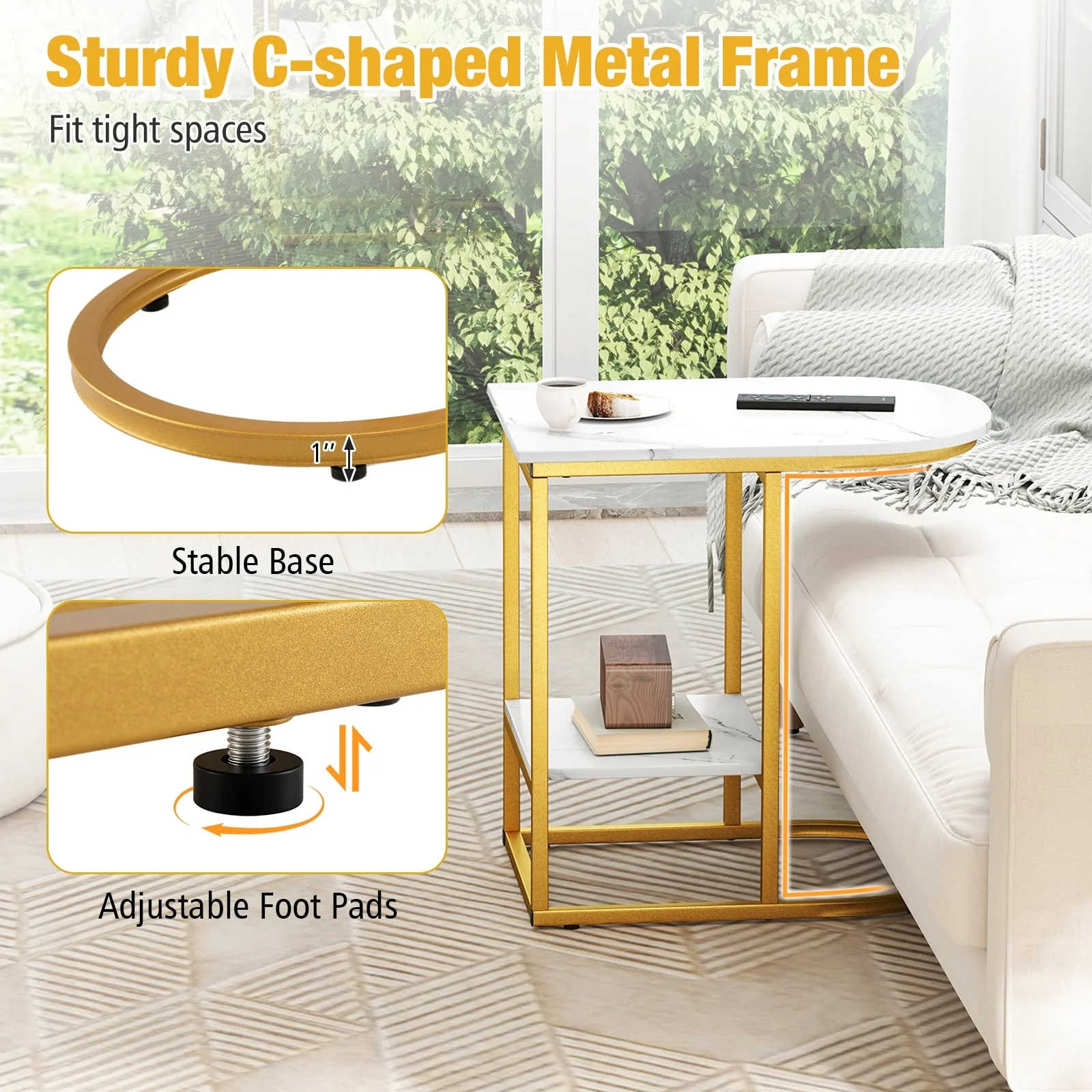 Modern C-Shaped Sofa Side Table, Faux Marble Tabletop With Storage Shelf, White - Image 9