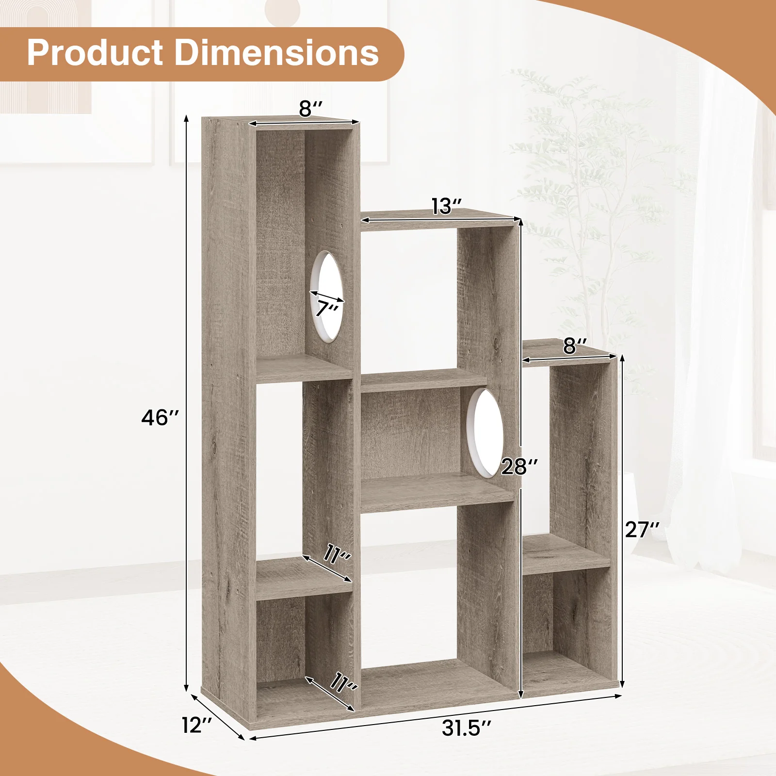 Modern Cat Bookshelf Tree, 8-Section Storage Cabinet, Oak, Gray - Image 3
