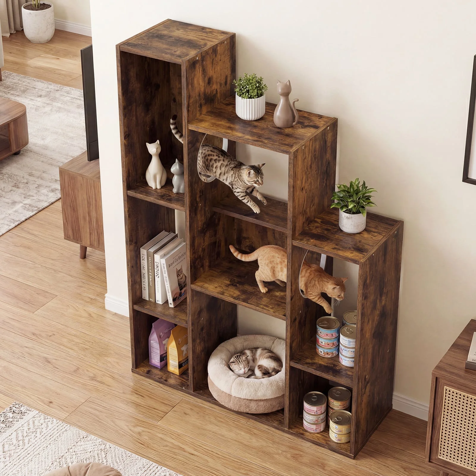 Modern Cat Bookshelf Tree, 8-Section Storage Cabinet, Brown - Image 2
