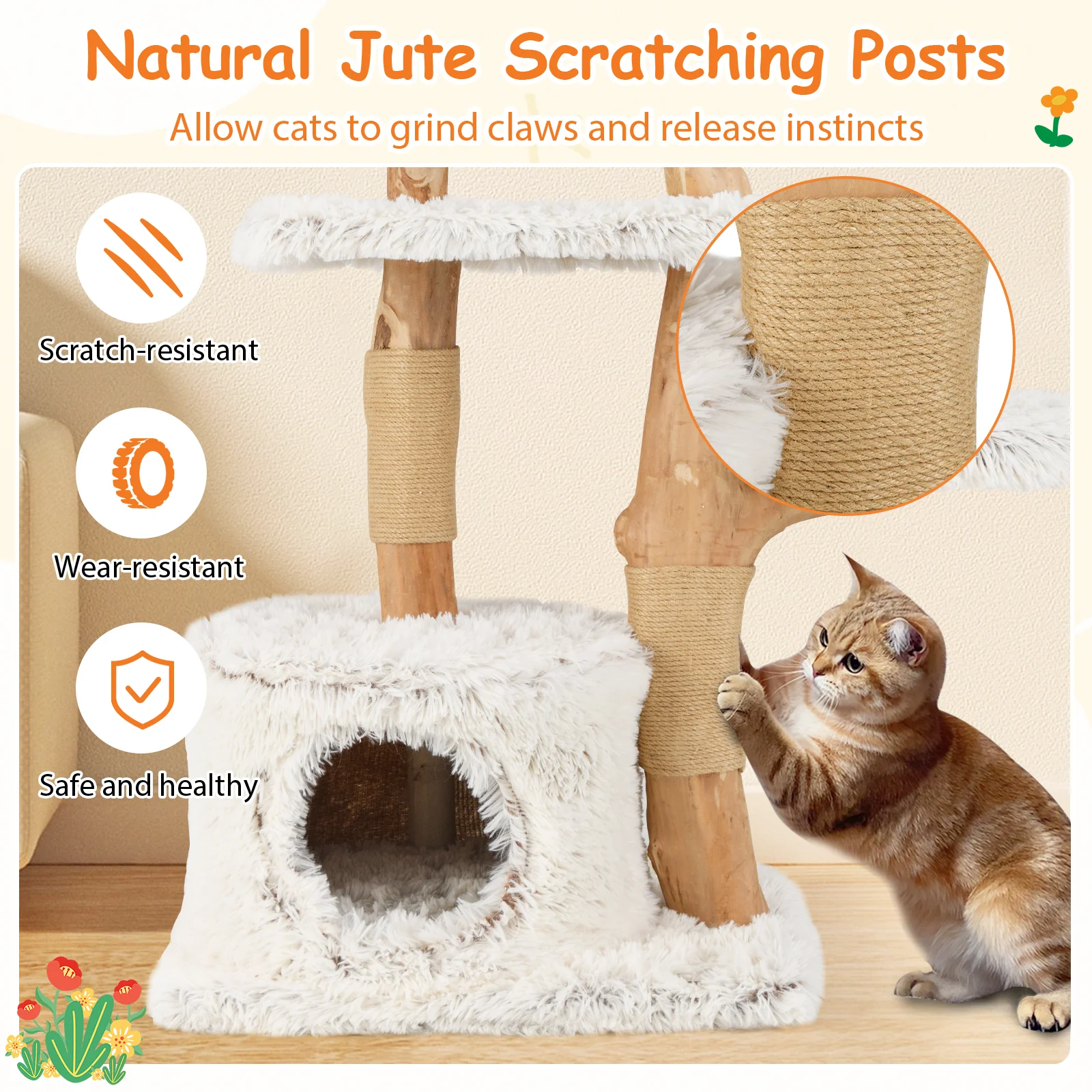 Modern Cat Tree 53 Inch Tall Natural Branch Wooden Cat Tower with Jute Scratching Posts, White - Image 10