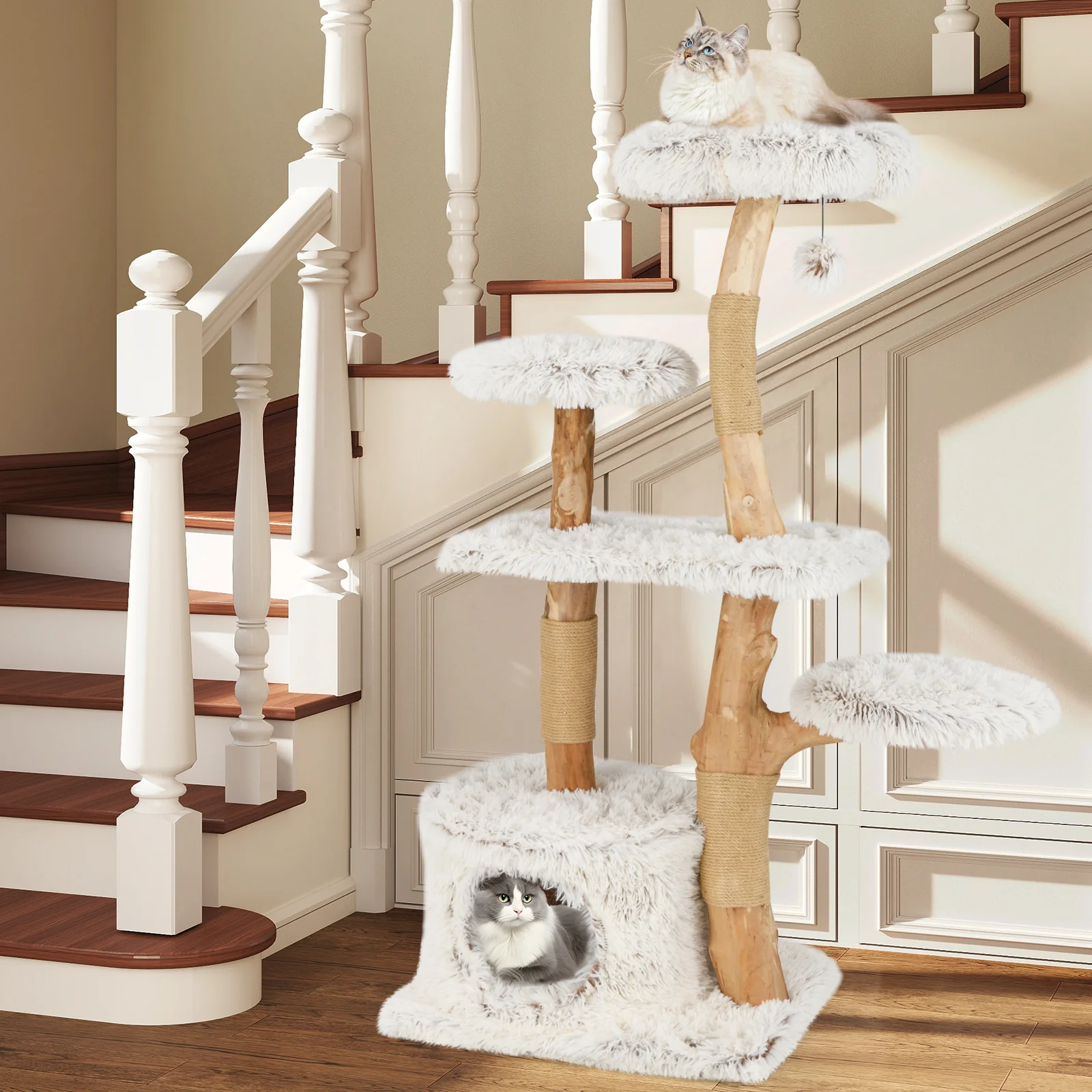 Modern Cat Tree 53 Inch Tall Natural Branch Wooden Cat Tower with Jute Scratching Posts, White - Image 3