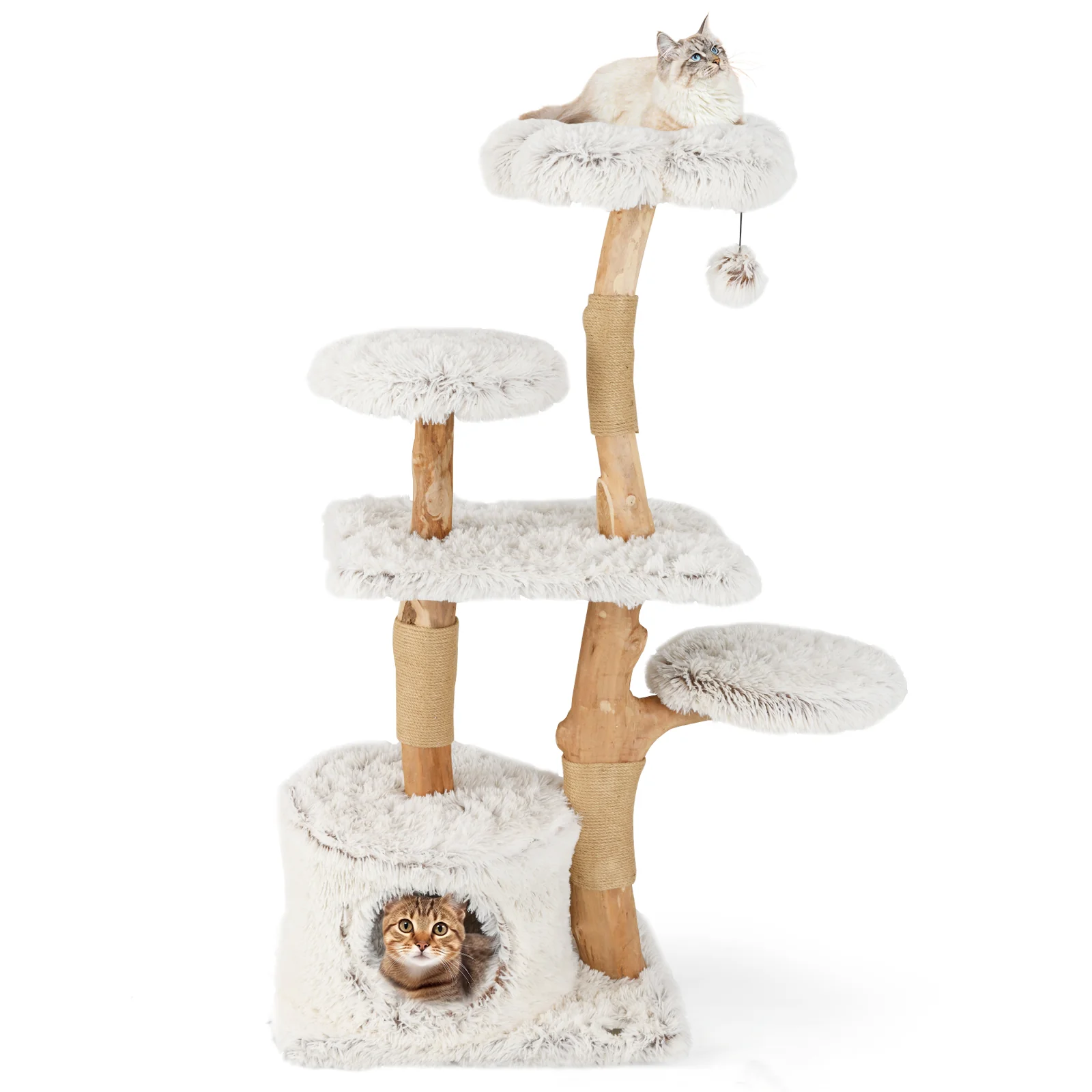 Modern Cat Tree 53 Inch Tall Natural Branch Wooden Cat Tower with Jute Scratching Posts, White - Image 4