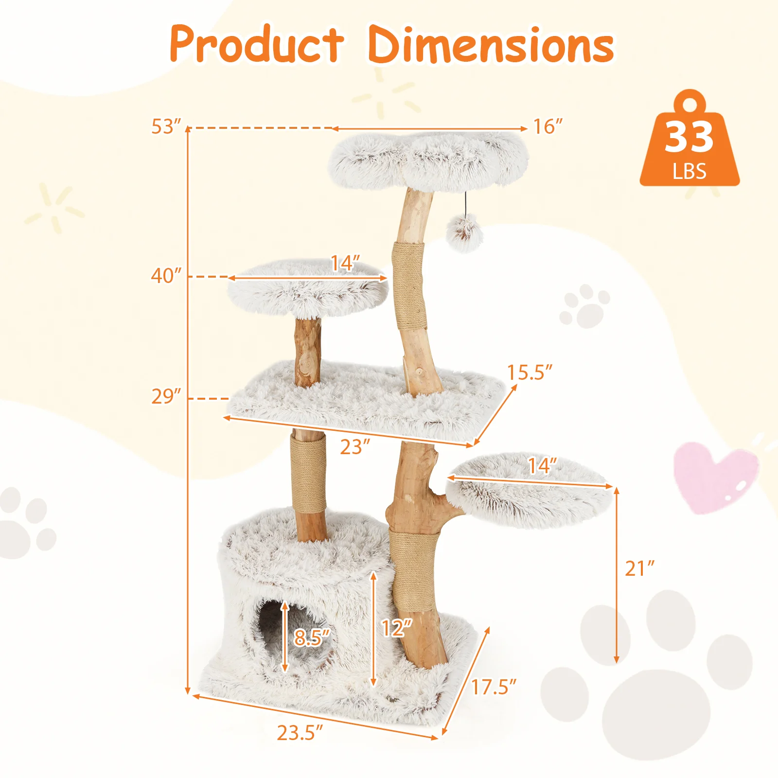 Modern Cat Tree 53 Inch Tall Natural Branch Wooden Cat Tower with Jute Scratching Posts, White - Image 5