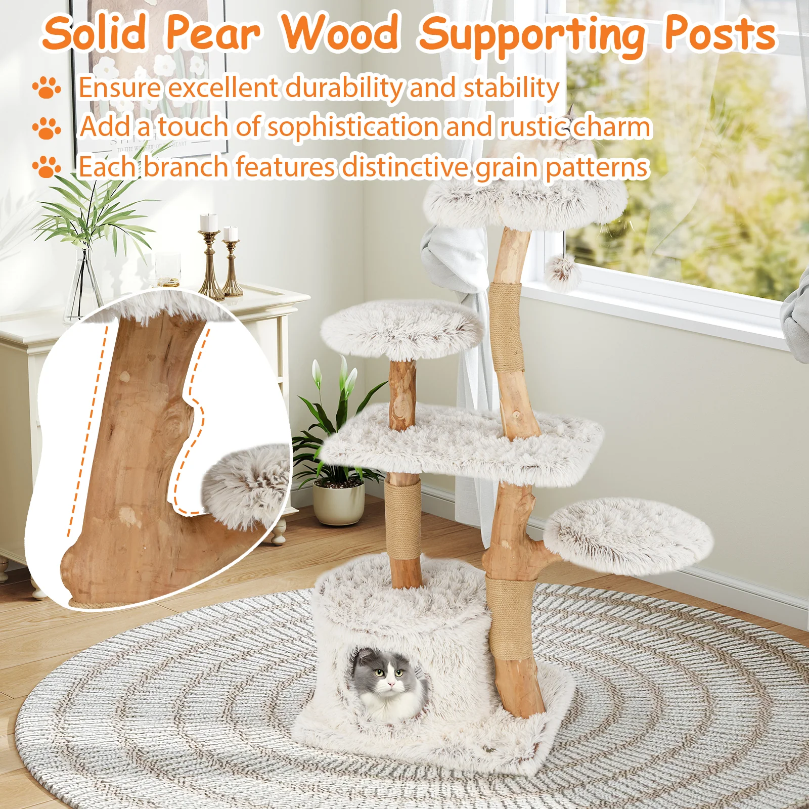 Modern Cat Tree 53 Inch Tall Natural Branch Wooden Cat Tower with Jute Scratching Posts, White - Image 7