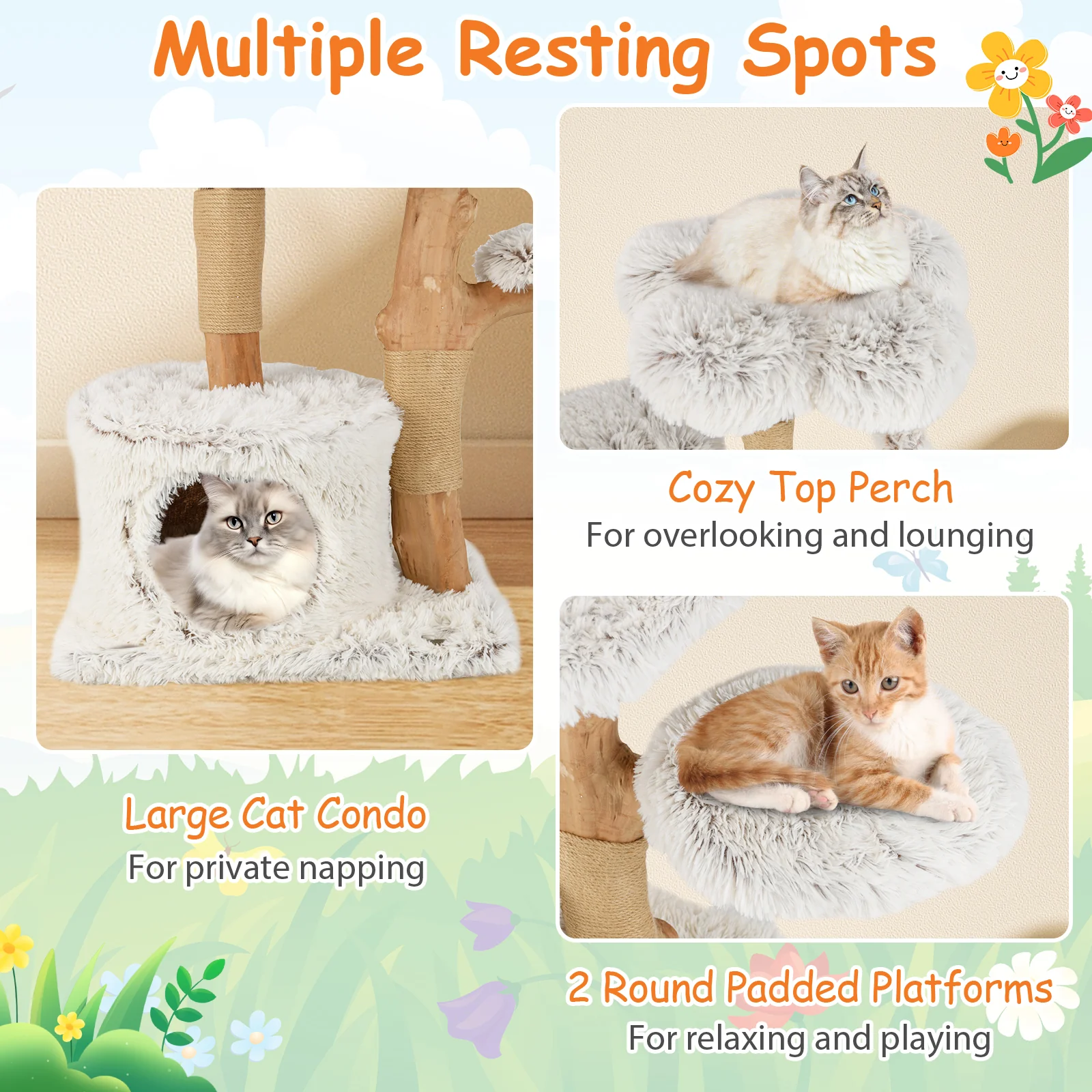 Modern Cat Tree 53 Inch Tall Natural Branch Wooden Cat Tower with Jute Scratching Posts, White - Image 8