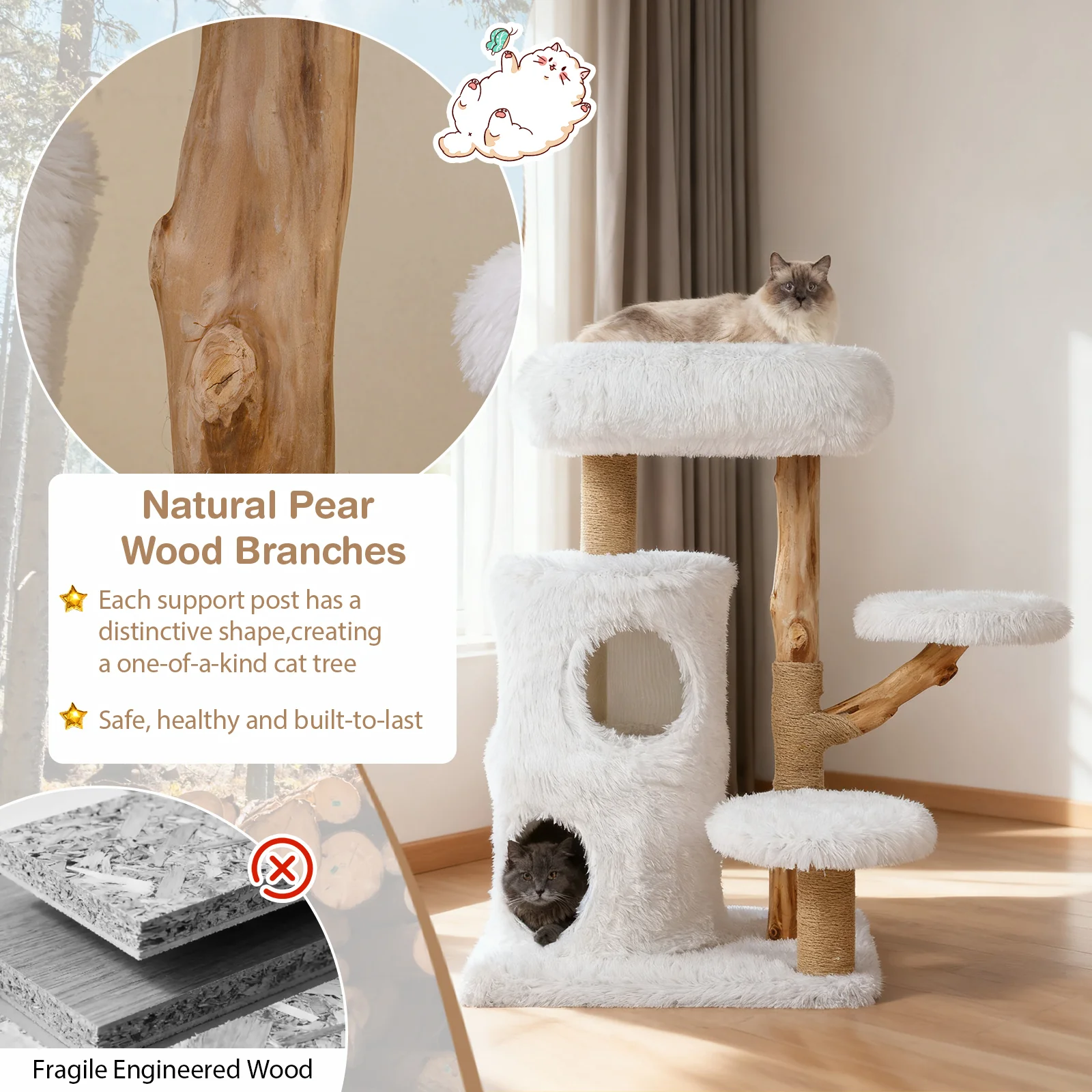 Modern Cat Tree for Indoor Cats 30.5 Cat Tower with Real Solid Wood Branches, White - Image 10