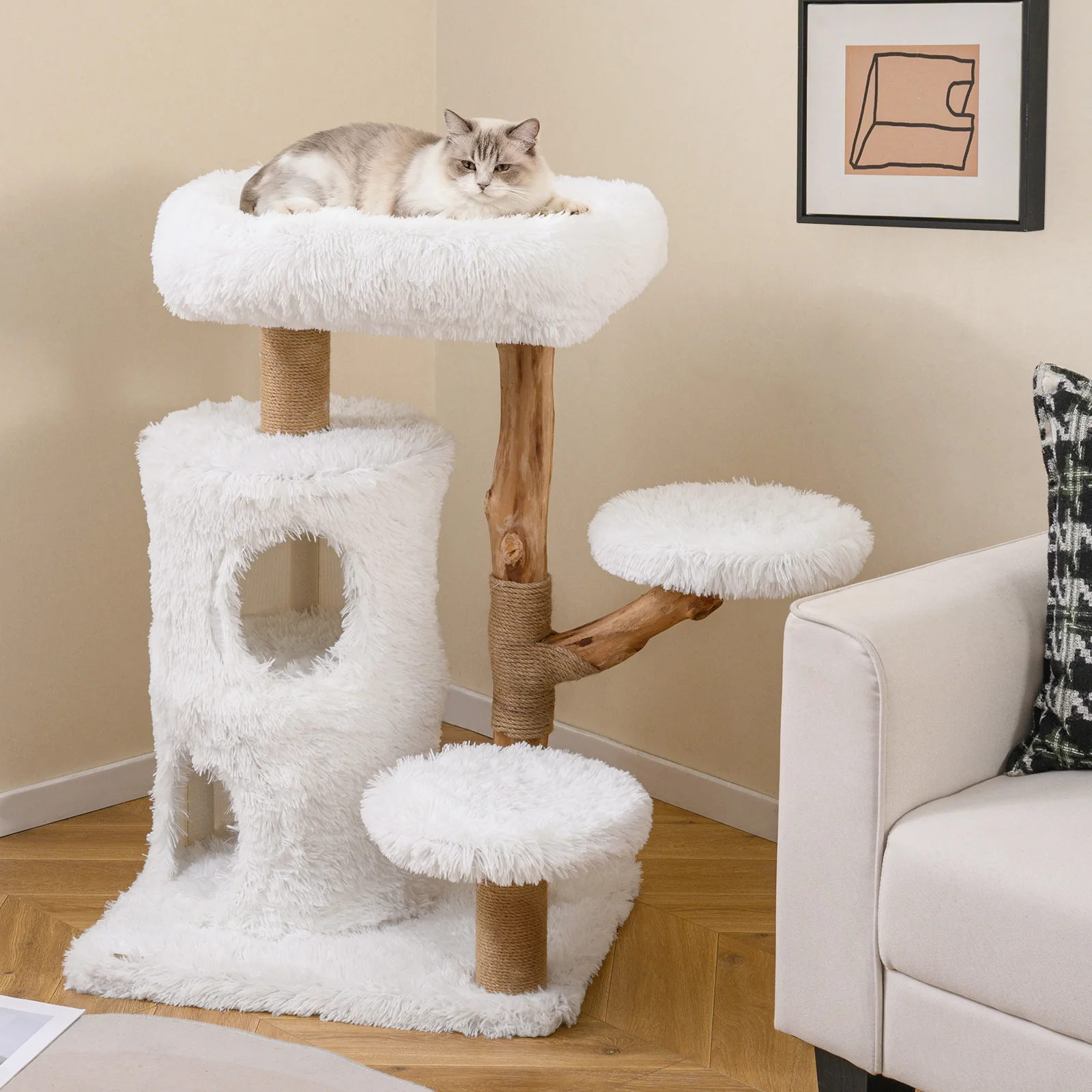 Modern Cat Tree for Indoor Cats 30.5 Cat Tower with Real Solid Wood Branches, White - Image 2