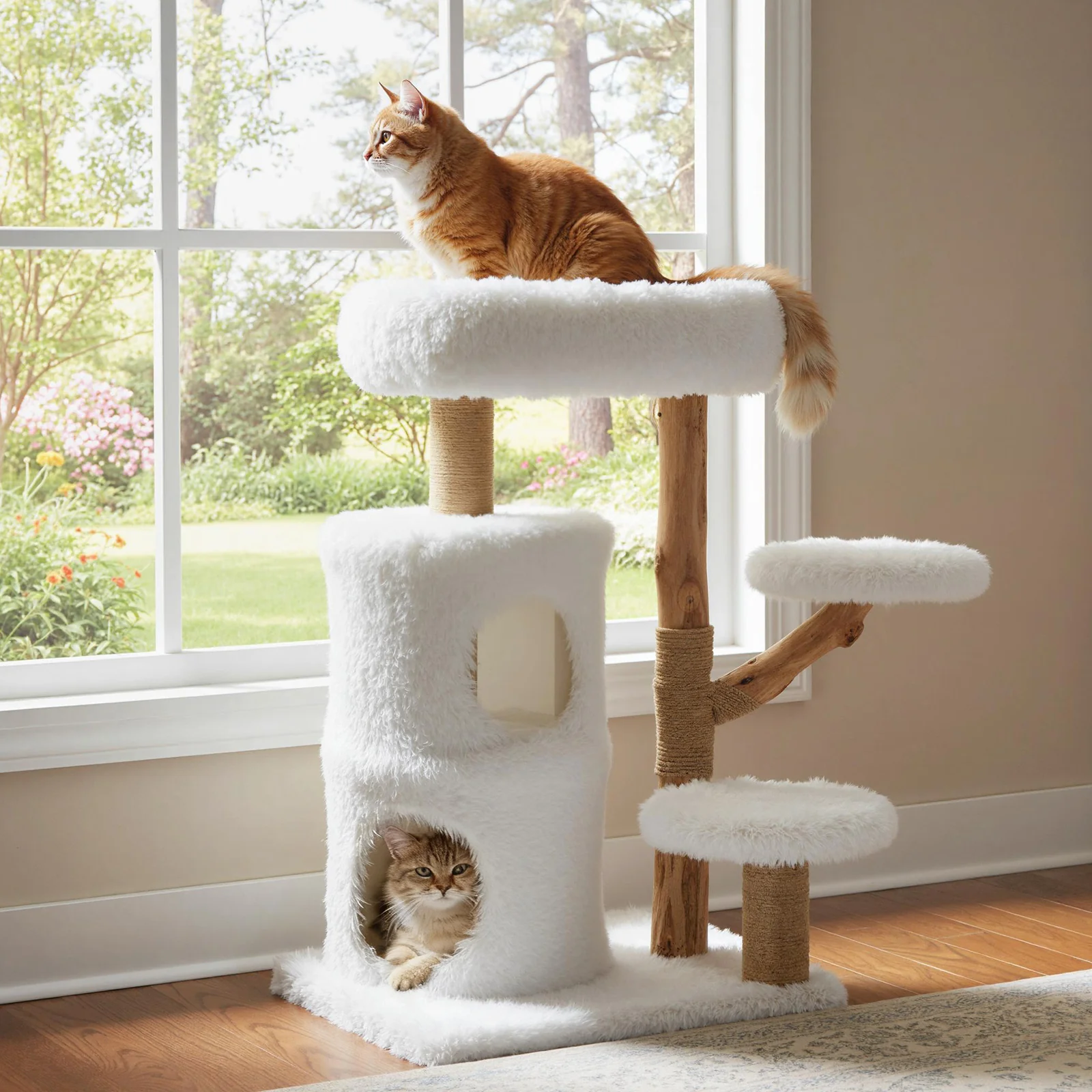 Modern Cat Tree for Indoor Cats 30.5 Cat Tower with Real Solid Wood Branches, White - Image 3