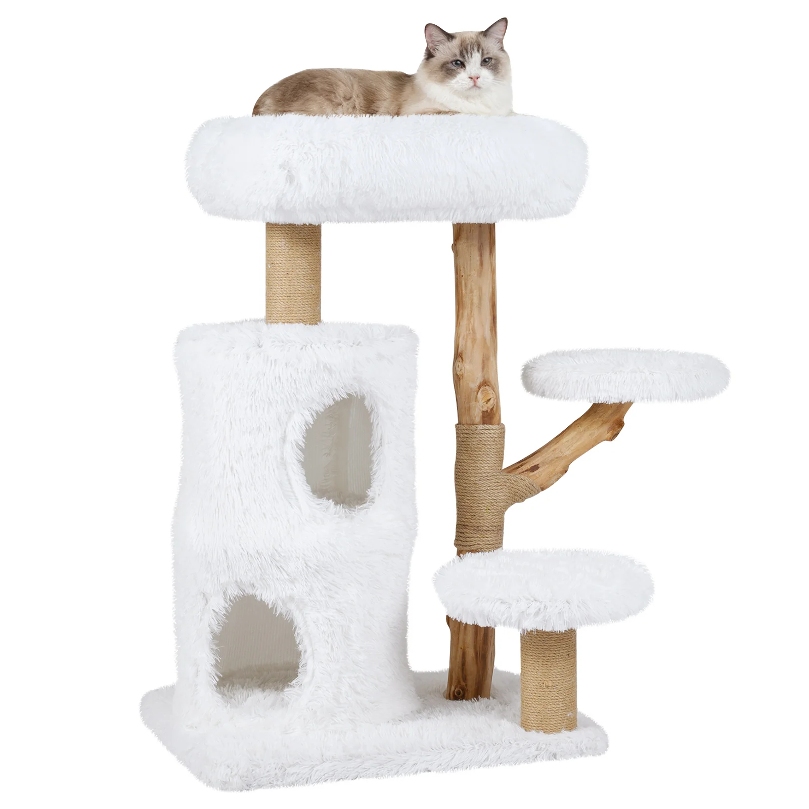 Modern Cat Tree for Indoor Cats 30.5 Cat Tower with Real Solid Wood Branches, White - Image 4