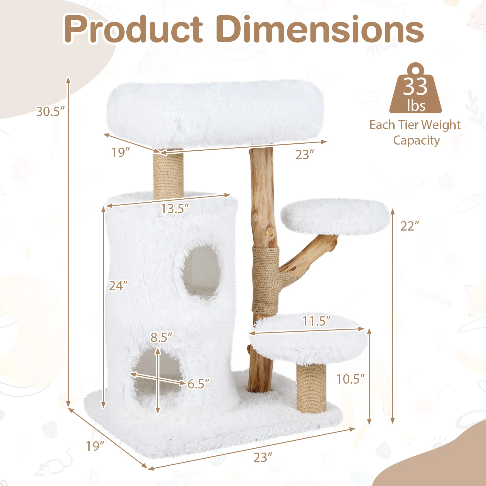 Modern Cat Tree for Indoor Cats 30.5 Cat Tower with Real Solid Wood Branches, White - Image 6