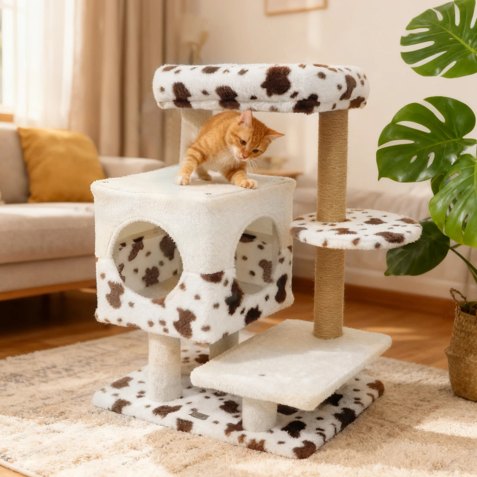 Modern Cat Tree Indoor Cat Tower with Wide Upholstered Perch and 2-Entrance Cat Condo, White - Image 2