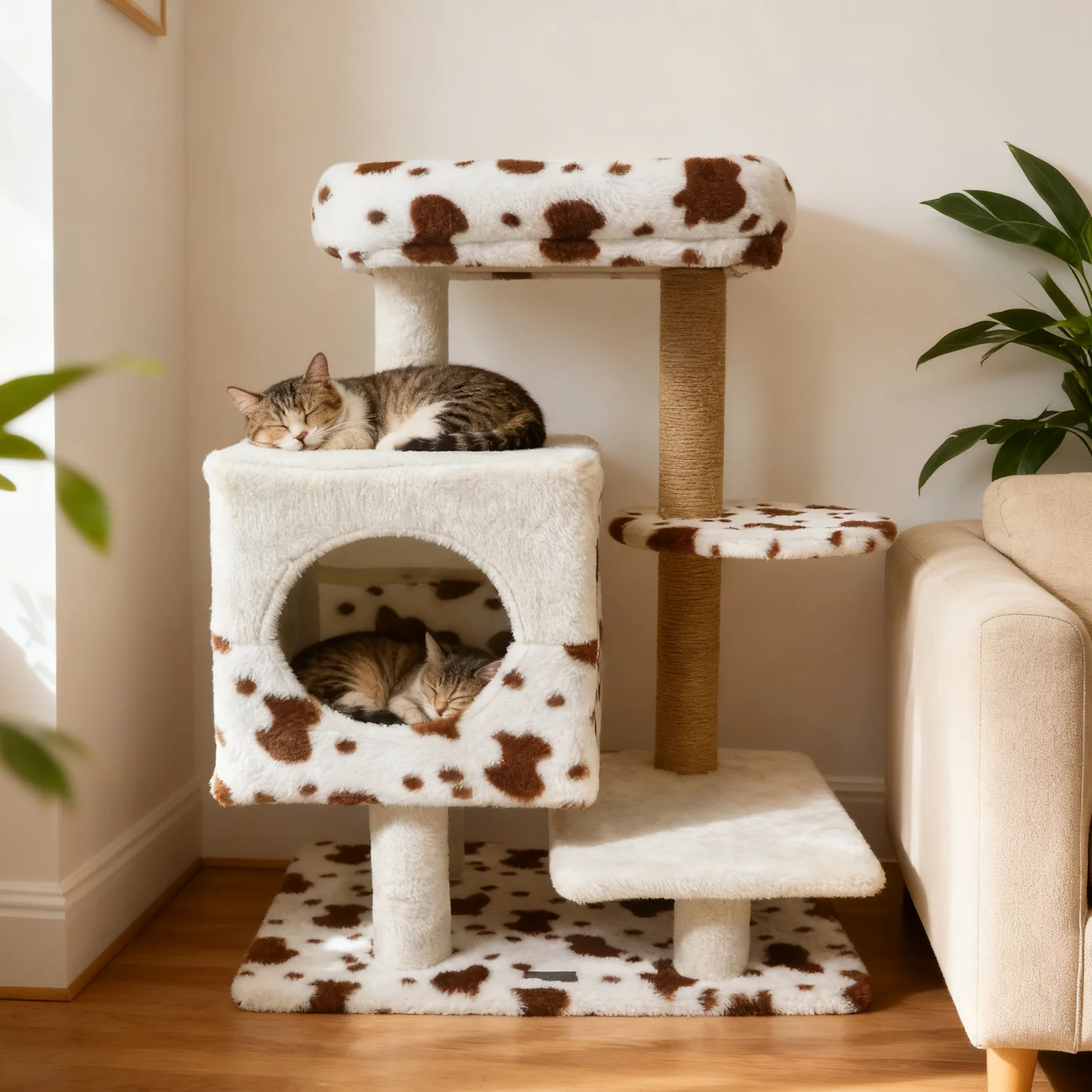 Modern Cat Tree Indoor Cat Tower with Wide Upholstered Perch and 2-Entrance Cat Condo, White - Image 3