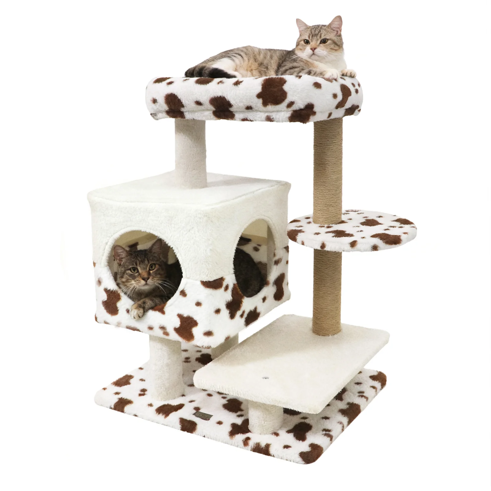 Modern Cat Tree Indoor Cat Tower with Wide Upholstered Perch and 2-Entrance Cat Condo, White - Image 4