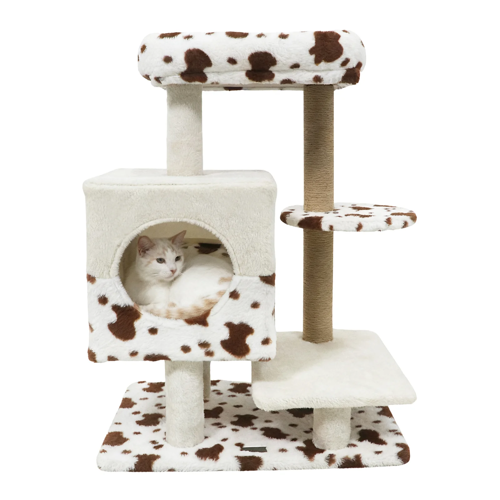 Modern Cat Tree Indoor Cat Tower with Wide Upholstered Perch and 2-Entrance Cat Condo, White - Image 5