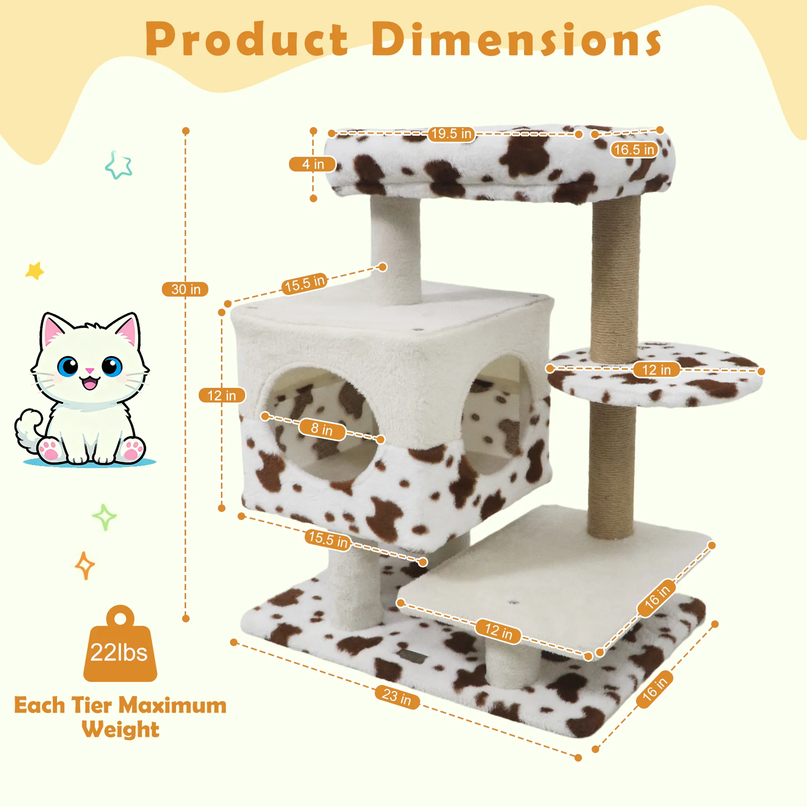 Modern Cat Tree Indoor Cat Tower with Wide Upholstered Perch and 2-Entrance Cat Condo, White - Image 6