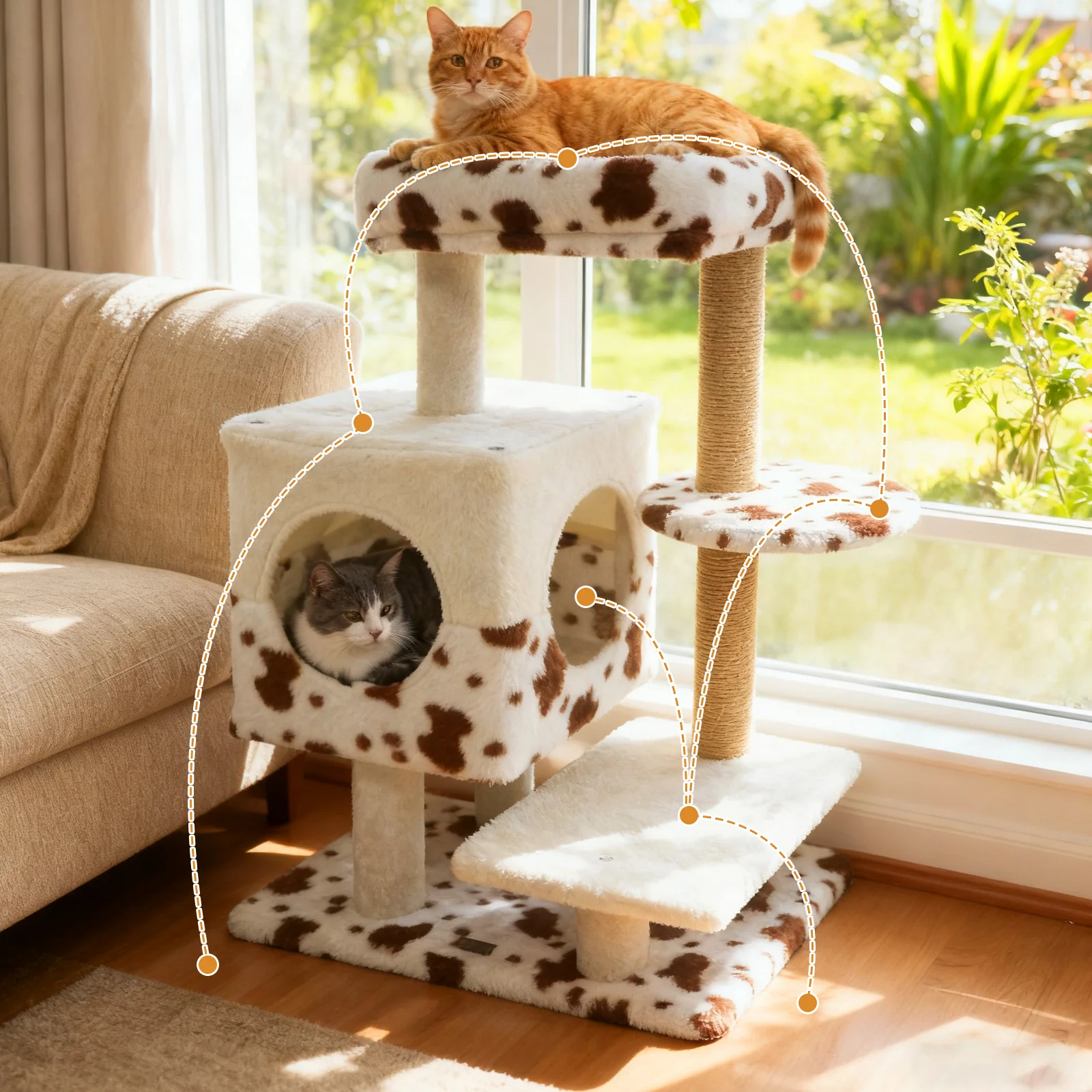 Modern Cat Tree Indoor Cat Tower with Wide Upholstered Perch and 2-Entrance Cat Condo, White - Image 7
