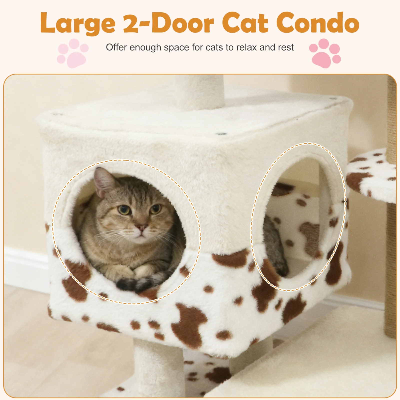 Modern Cat Tree Indoor Cat Tower with Wide Upholstered Perch and 2-Entrance Cat Condo, White - Image 8