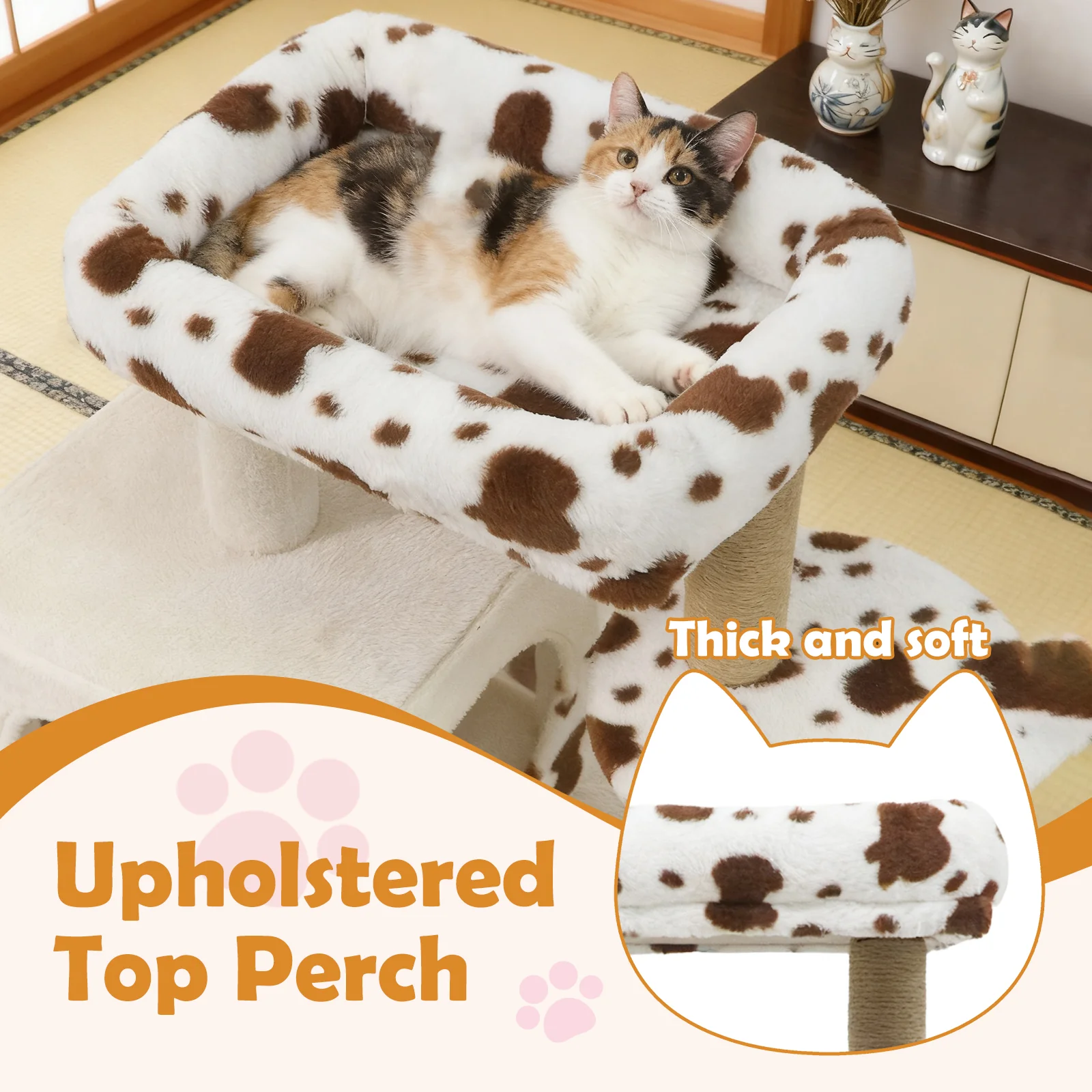 Modern Cat Tree Indoor Cat Tower with Wide Upholstered Perch and 2-Entrance Cat Condo, White - Image 9