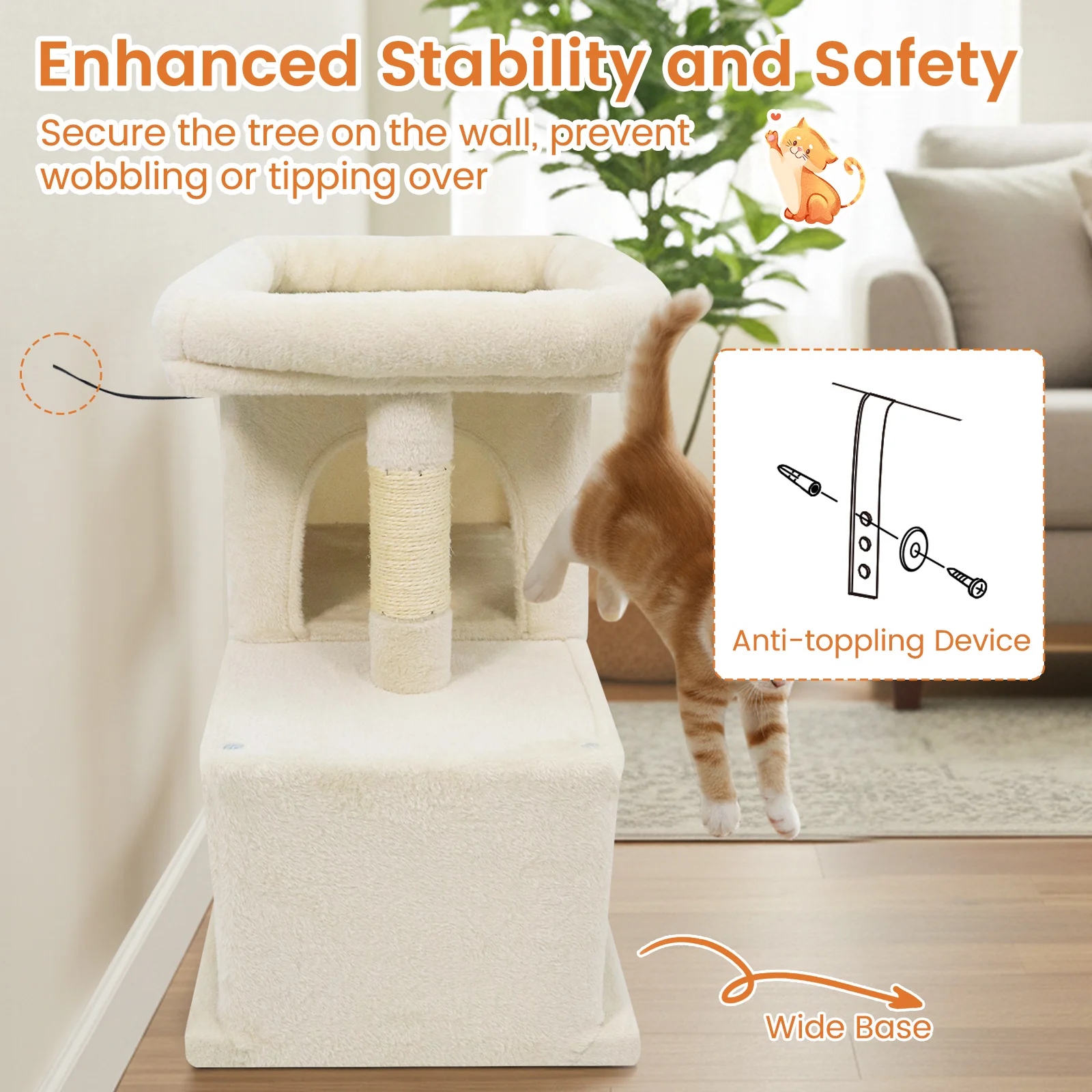 Modern Cat Tree Space-saving Cat Tower with Upholstered Perch and 2 Cat Condos, Beige - Image 10