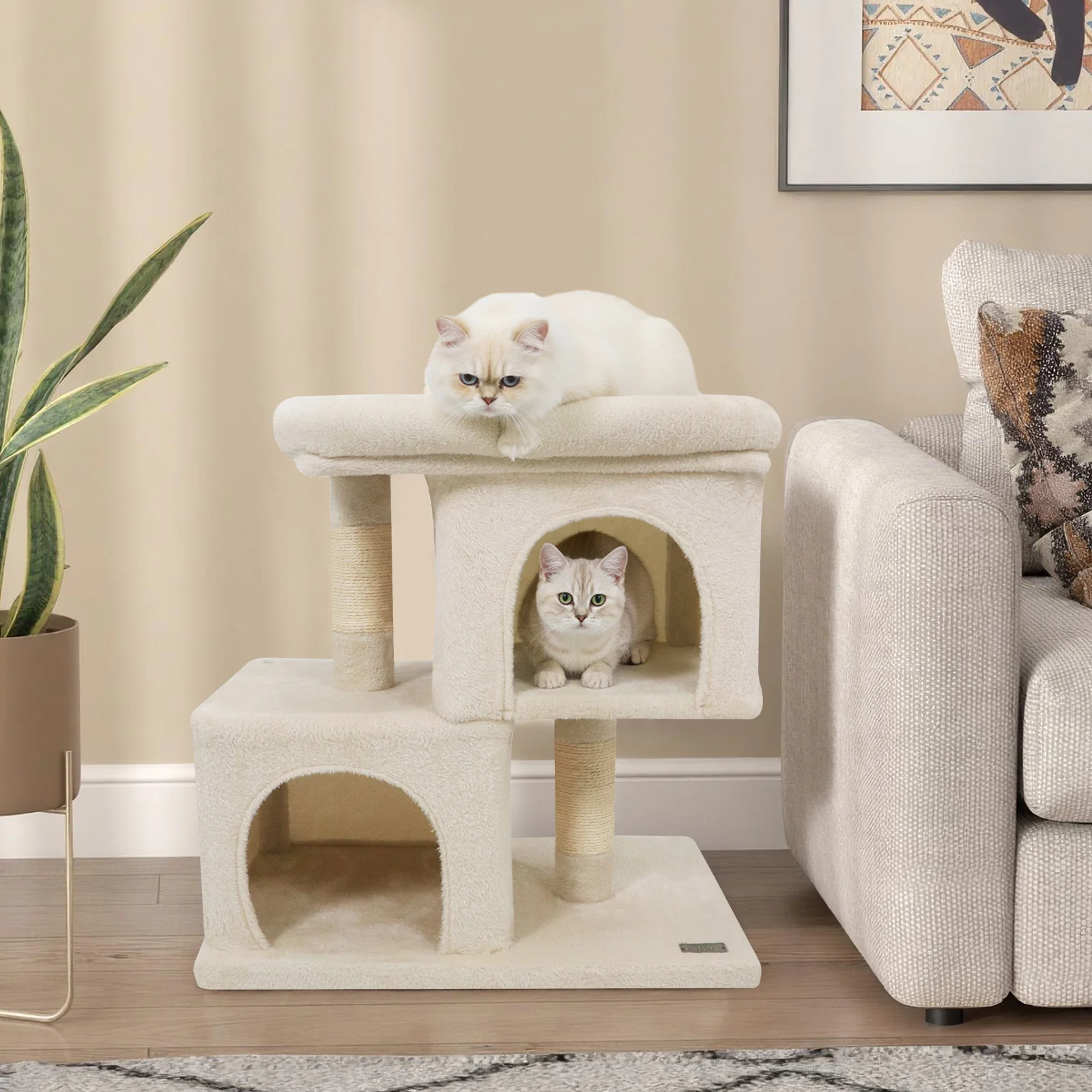Modern Cat Tree Space-saving Cat Tower with Upholstered Perch and 2 Cat Condos, Beige - Image 2