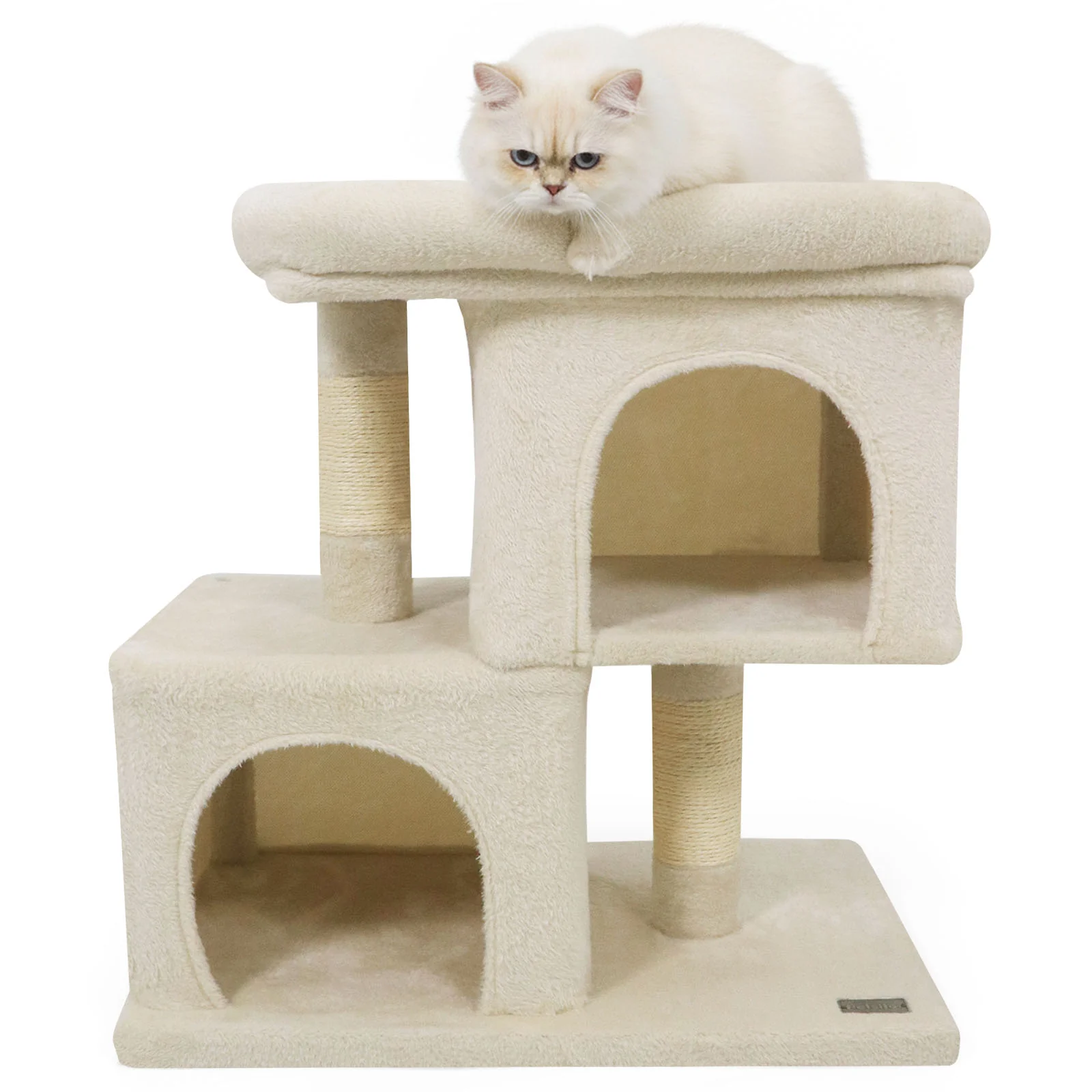 Modern Cat Tree Space-saving Cat Tower with Upholstered Perch and 2 Cat Condos, Beige - Image 5
