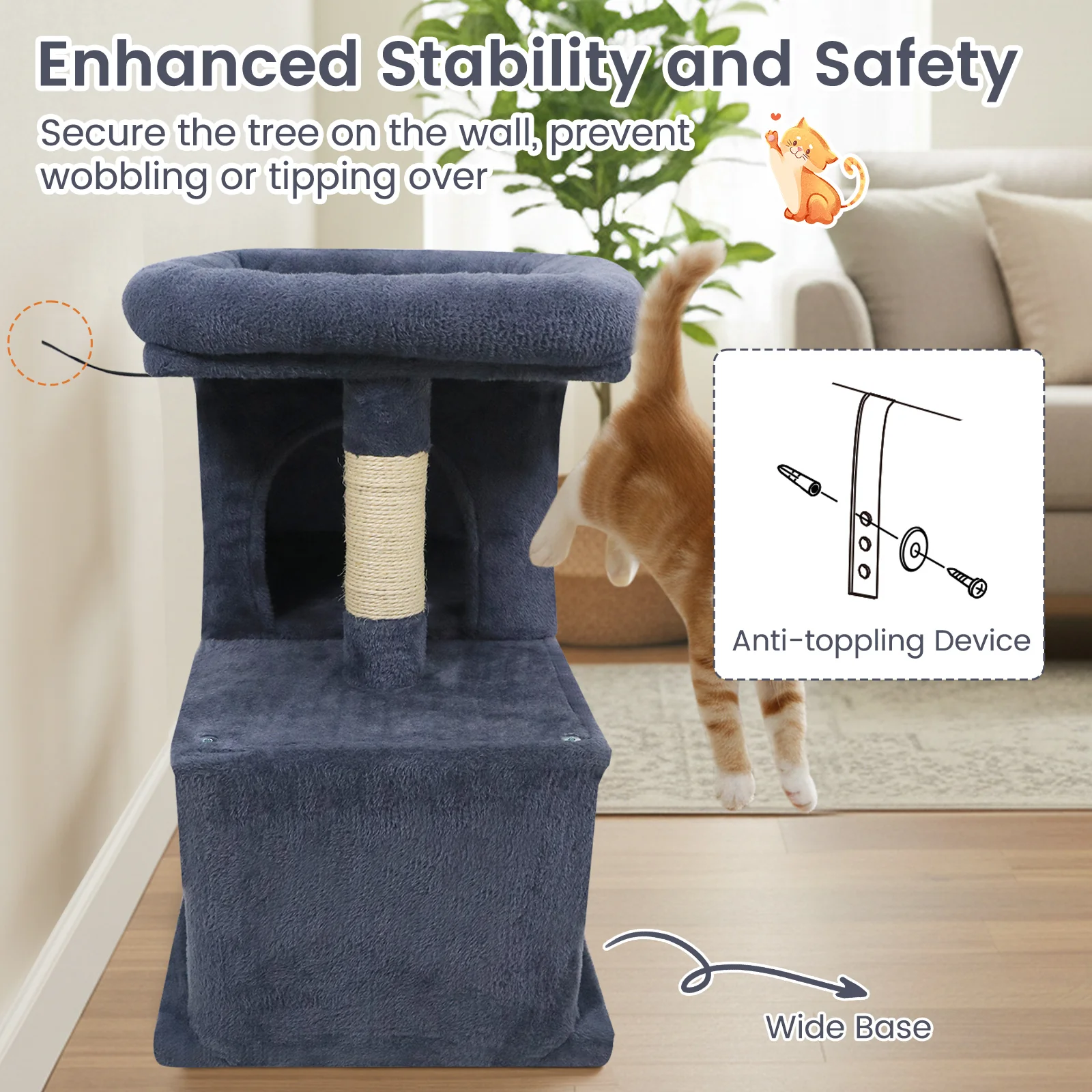 Modern Cat Tree Space-saving Cat Tower with Upholstered Perch and 2 Cat Condos-Dark Grey, Dark Gray - Image 10