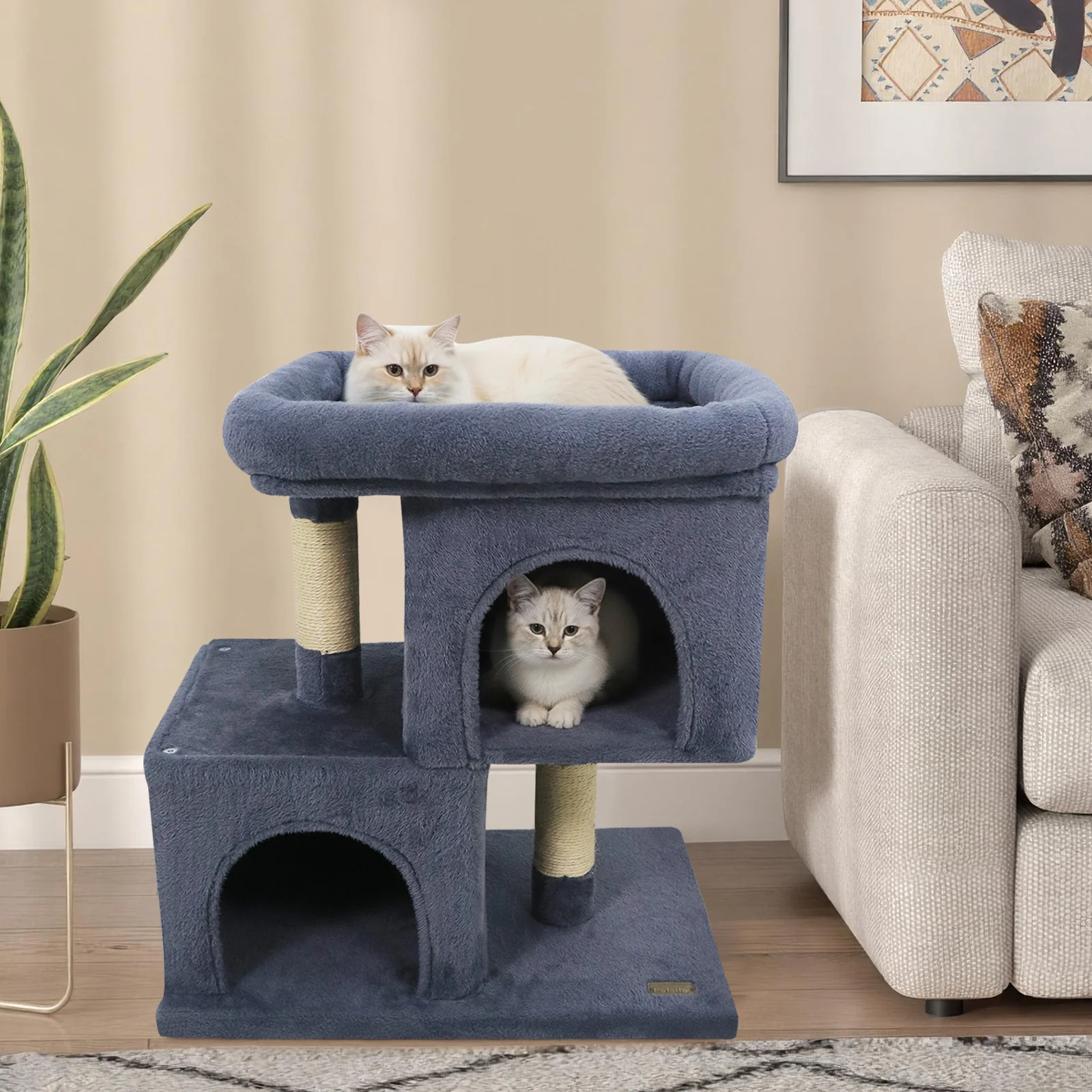 Modern Cat Tree Space-saving Cat Tower with Upholstered Perch and 2 Cat Condos-Dark Grey, Dark Gray - Image 2