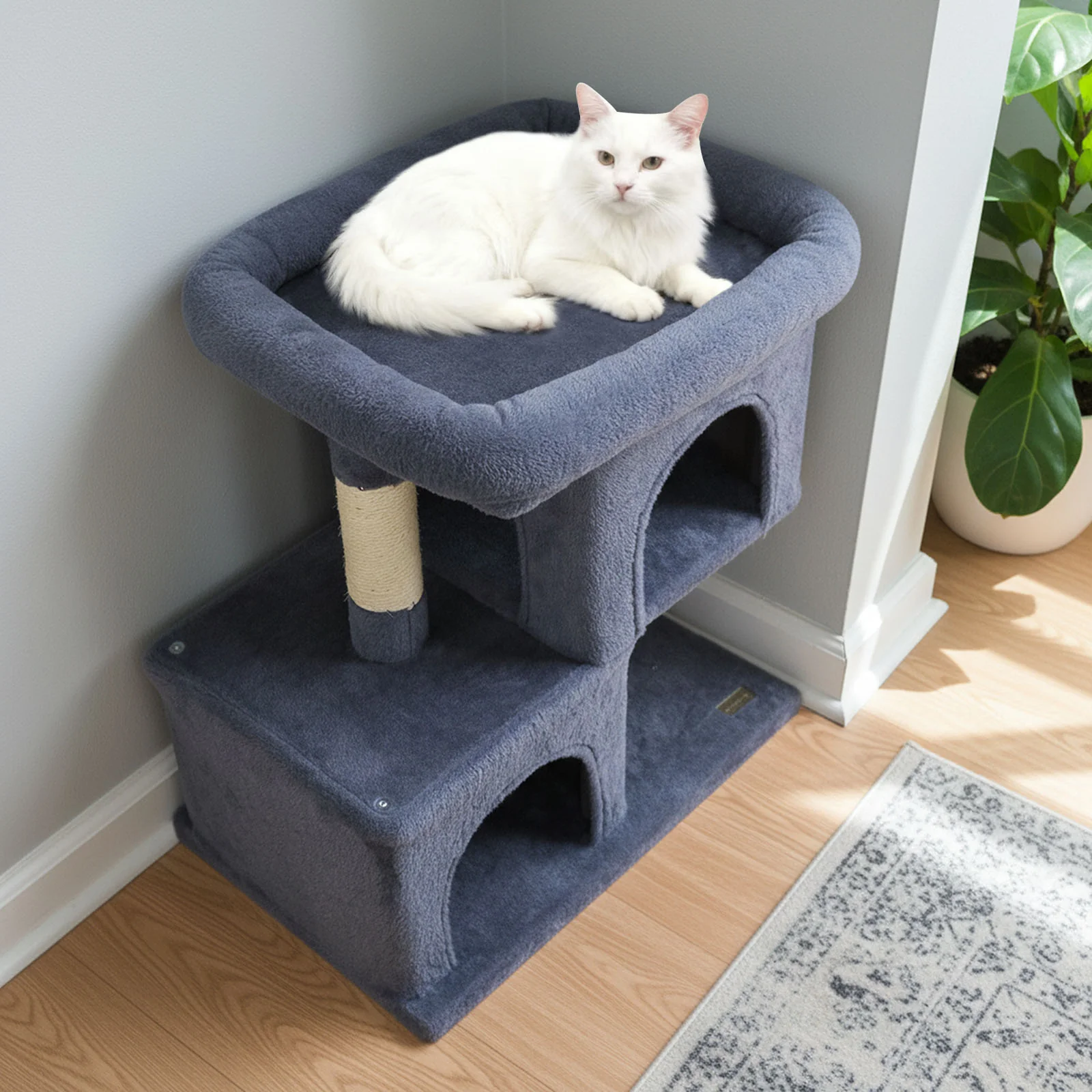 Modern Cat Tree Space-saving Cat Tower with Upholstered Perch and 2 Cat Condos-Dark Grey, Dark Gray - Image 3