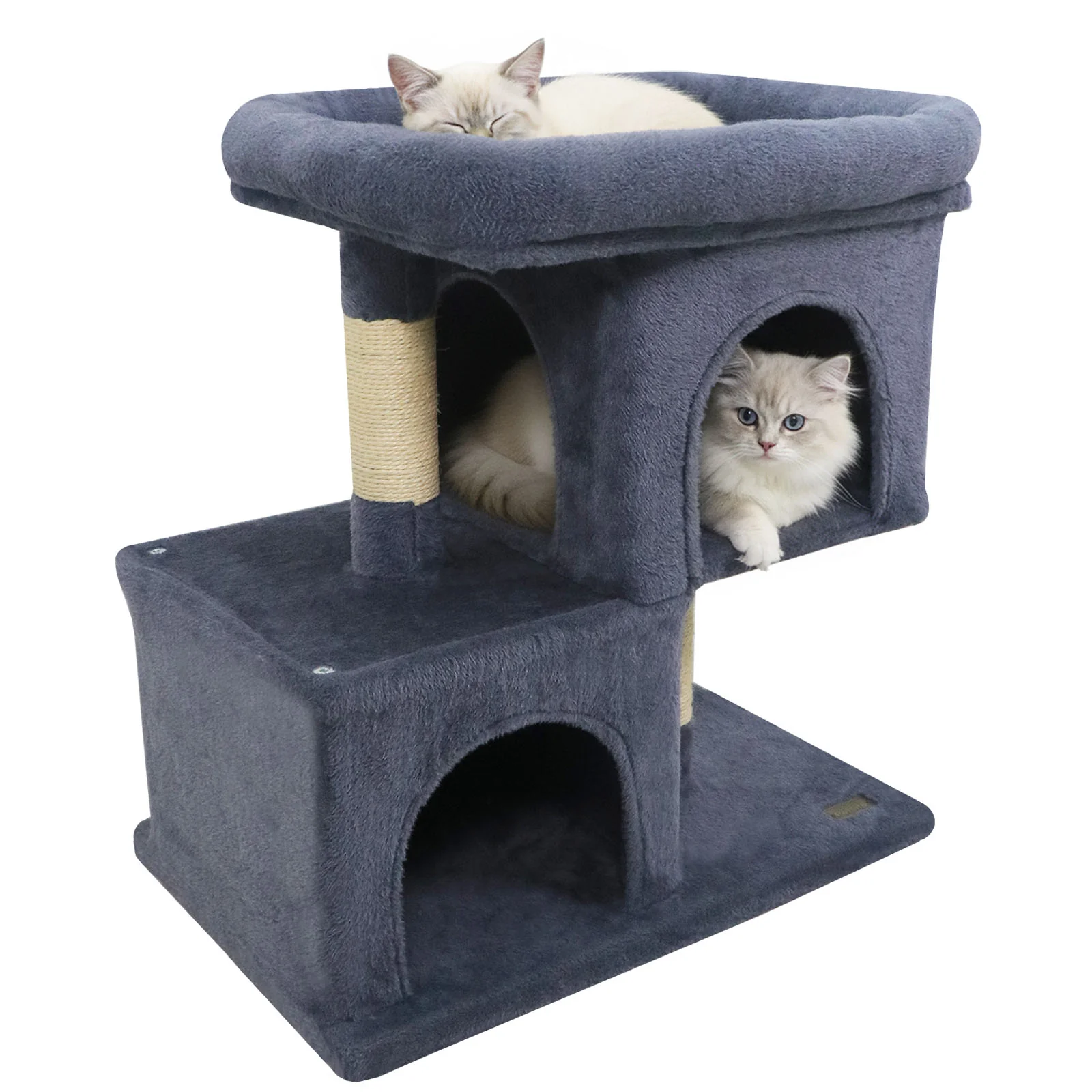 Modern Cat Tree Space-saving Cat Tower with Upholstered Perch and 2 Cat Condos-Dark Grey, Dark Gray - Image 4