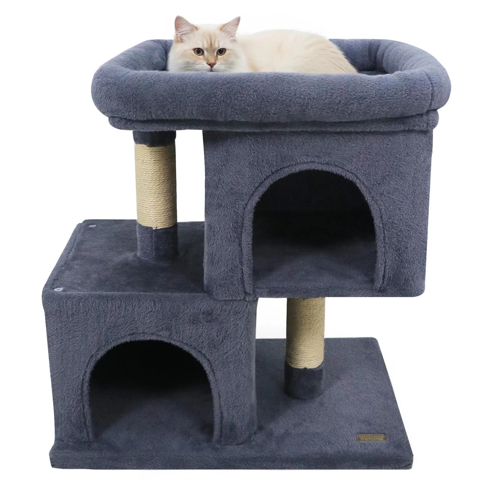 Modern Cat Tree Space-saving Cat Tower with Upholstered Perch and 2 Cat Condos-Dark Grey, Dark Gray - Image 5