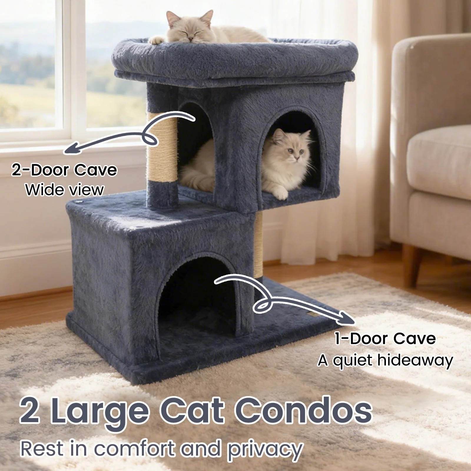 Modern Cat Tree Space-saving Cat Tower with Upholstered Perch and 2 Cat Condos-Dark Grey, Dark Gray - Image 7