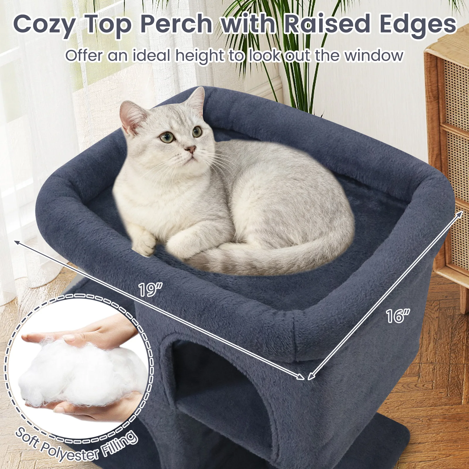 Modern Cat Tree Space-saving Cat Tower with Upholstered Perch and 2 Cat Condos-Dark Grey, Dark Gray - Image 8