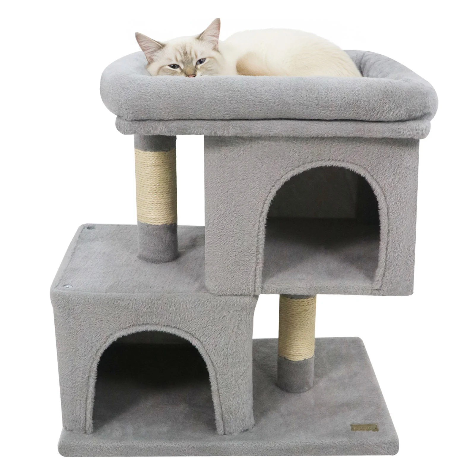 Modern Cat Tree Space-saving Cat Tower with Upholstered Perch and 2 Cat Condos, Gray - Image 5