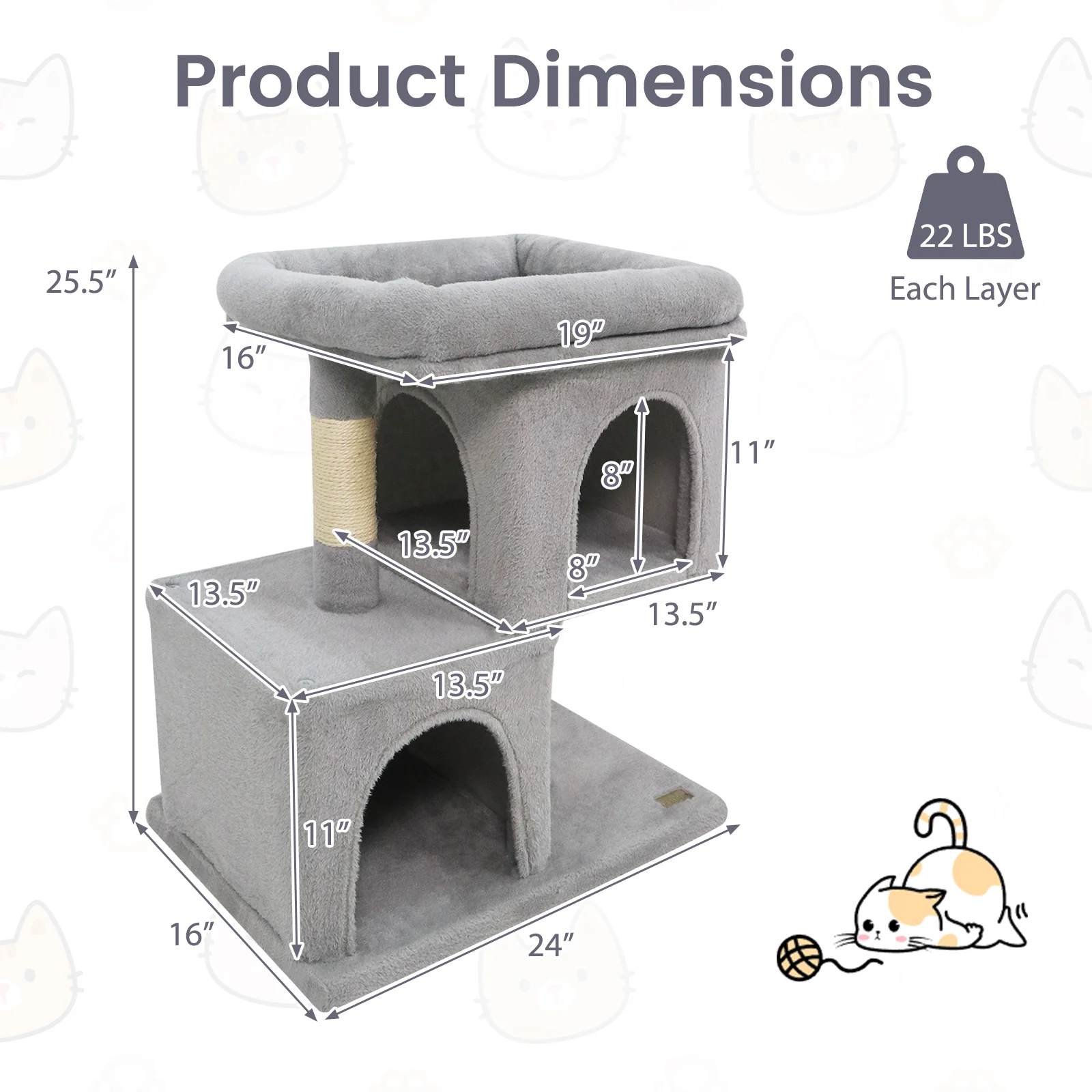 Modern Cat Tree Space-saving Cat Tower with Upholstered Perch and 2 Cat Condos, Gray - Image 6