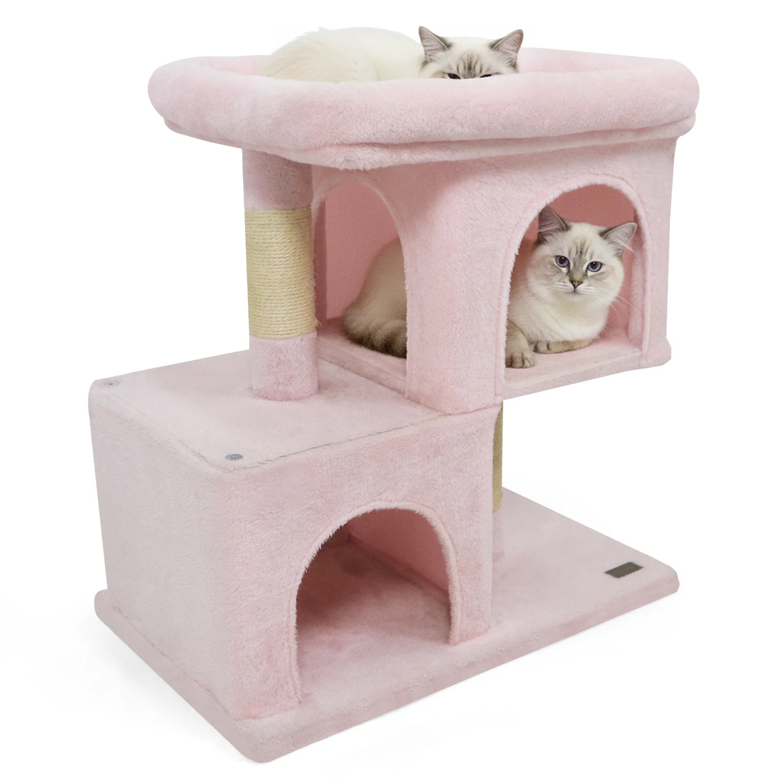 Modern Cat Tree Space-saving Cat Tower with Upholstered Perch and 2 Cat Condos, Pink